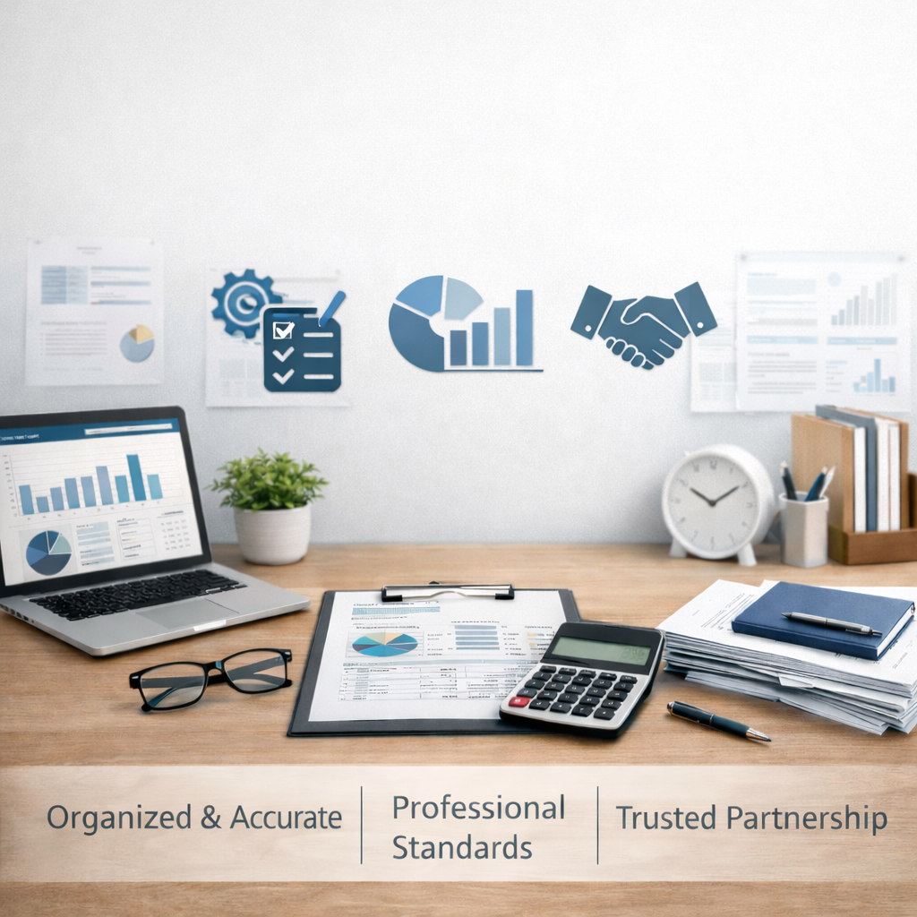 Desk with laptop displaying charts, stacks of documents, a calculator, pen, glasses, clock, and potted plant, with business icons on the wall.