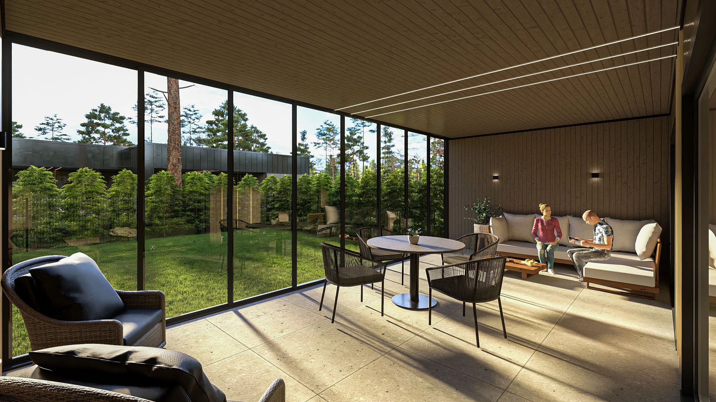 Modern living room with large glass windows overlooking a green backyard, with a round dining table, black chairs, and a beige sectional sofa with two people sitting and talking.