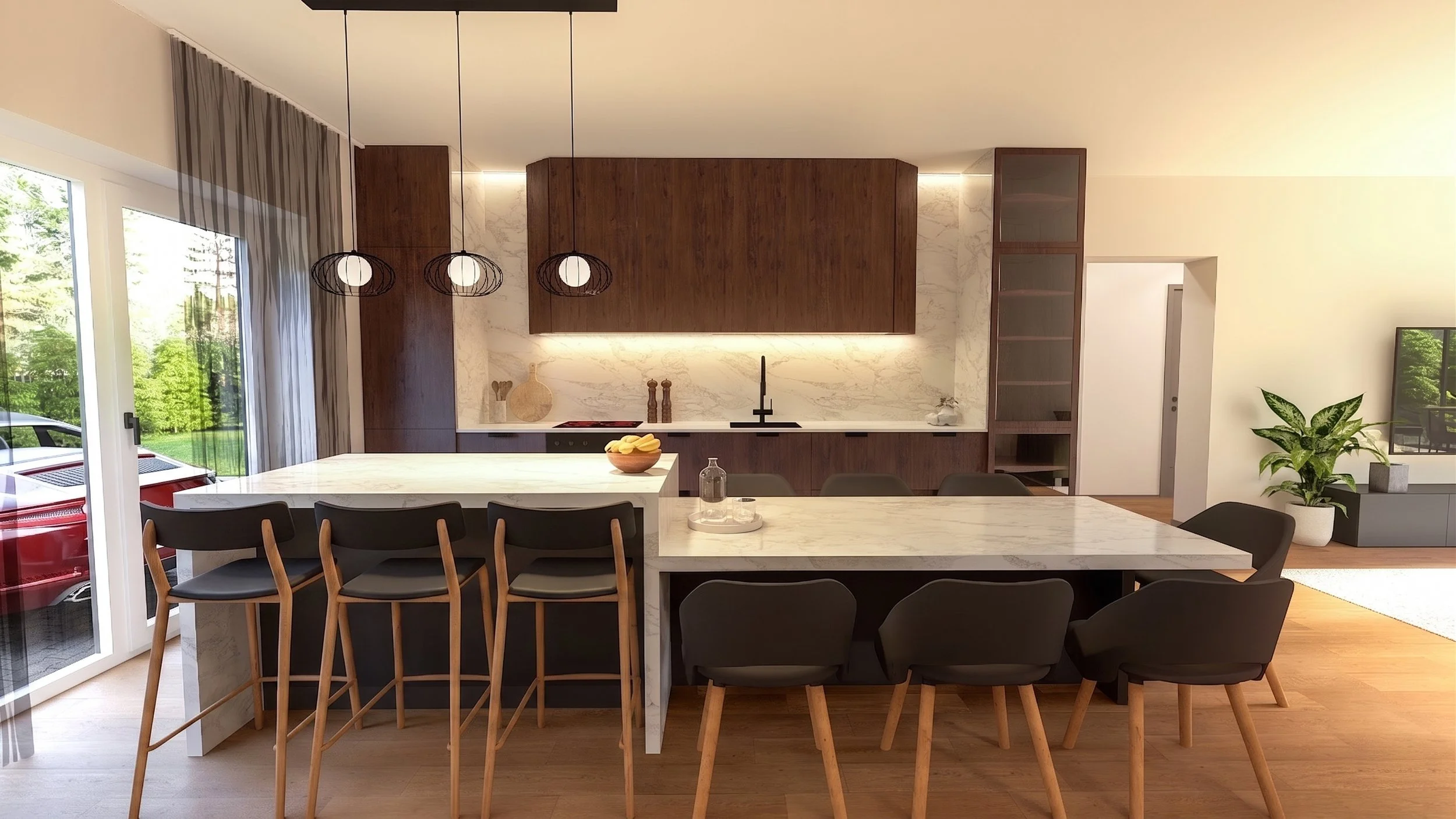 Modern kitchen with a white marble island, black chairs, wooden cabinets, pendant lights, sliding glass door, and a TV with a potted plant.