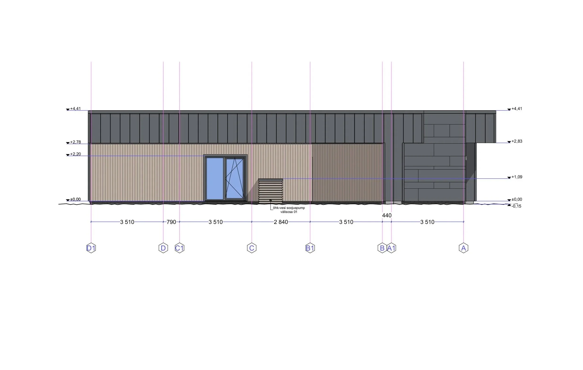 Architectural drawing of a modern building facade with measurements and structural details.