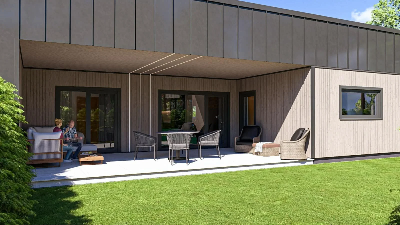 Modern house with a covered porch featuring outdoor seating and patio furniture, surrounded by a green lawn and trees.