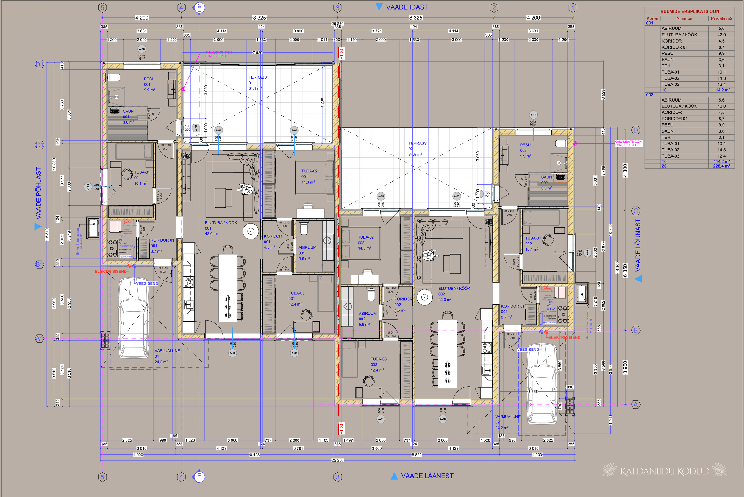 Architectural floor plan drawing with labeled rooms, dimensions, and symbols, including bedrooms, bathrooms, kitchen, living areas, and outdoor terraces.