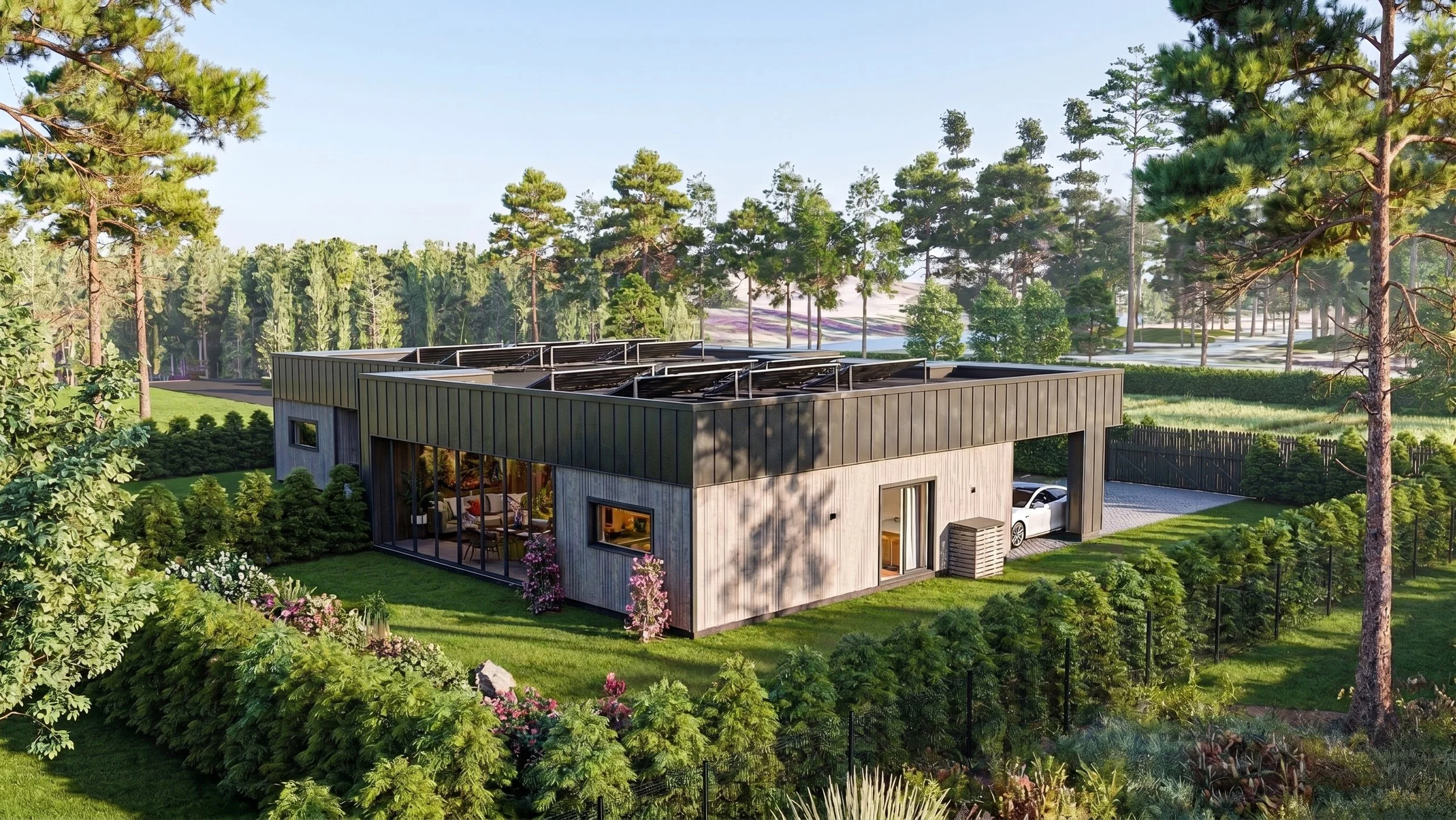 Modern house with large windows and a flat roof, surrounded by lush greenery and tall pine trees, with a driveway and parked car visible in the background.