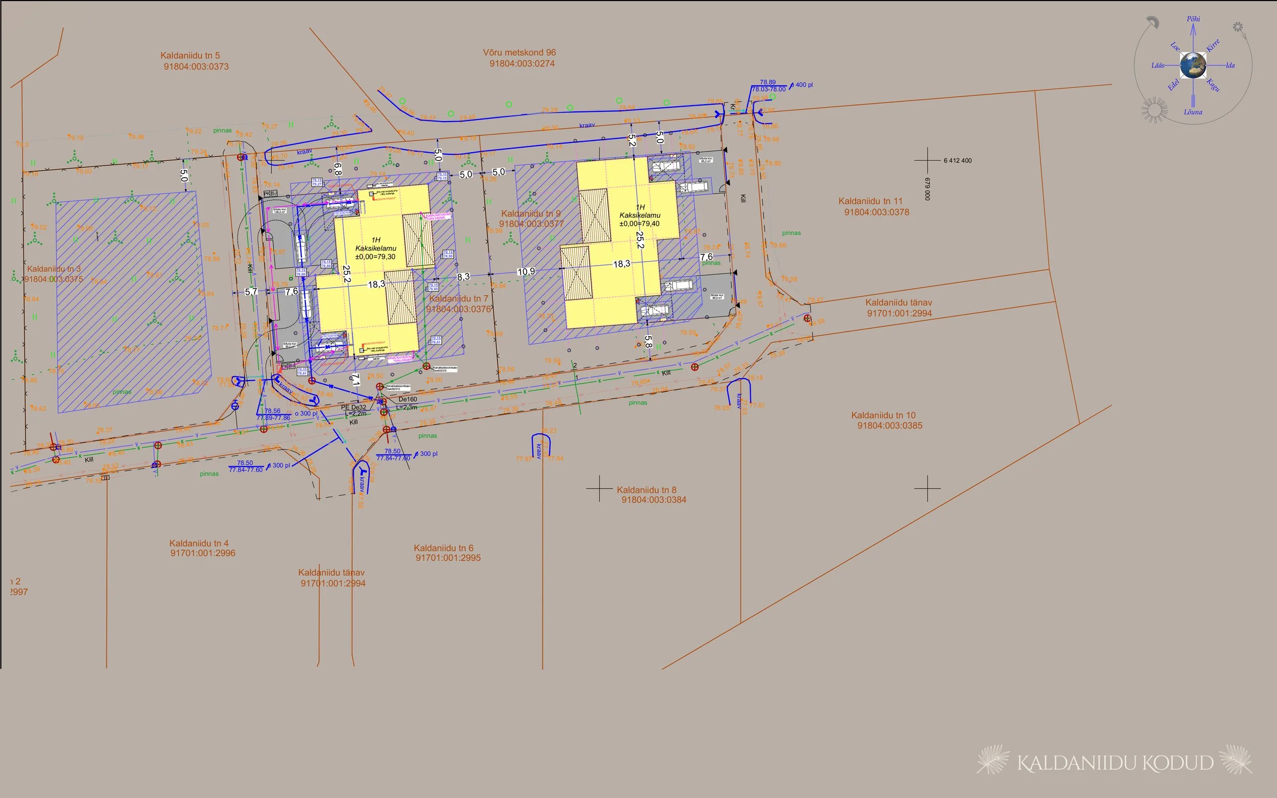 Architectural site plan showing property boundaries, building footprints, measurements, utility lines, and landscape features. The plan includes labeled sections with coordinates and various technical symbols.