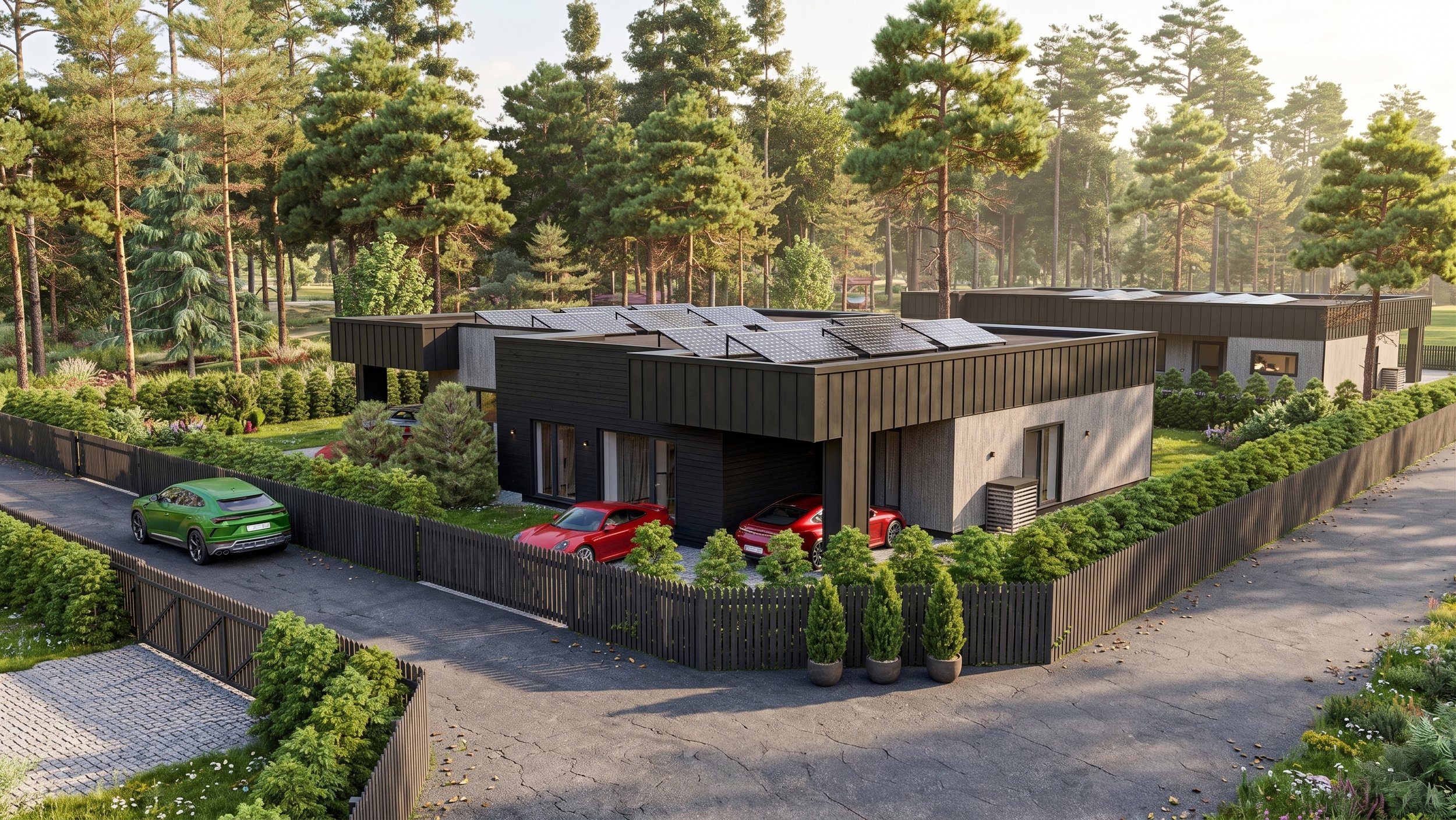Modern house with solar panels on the roof, surrounded by lush greenery and tall trees, in a fenced yard with parked cars.