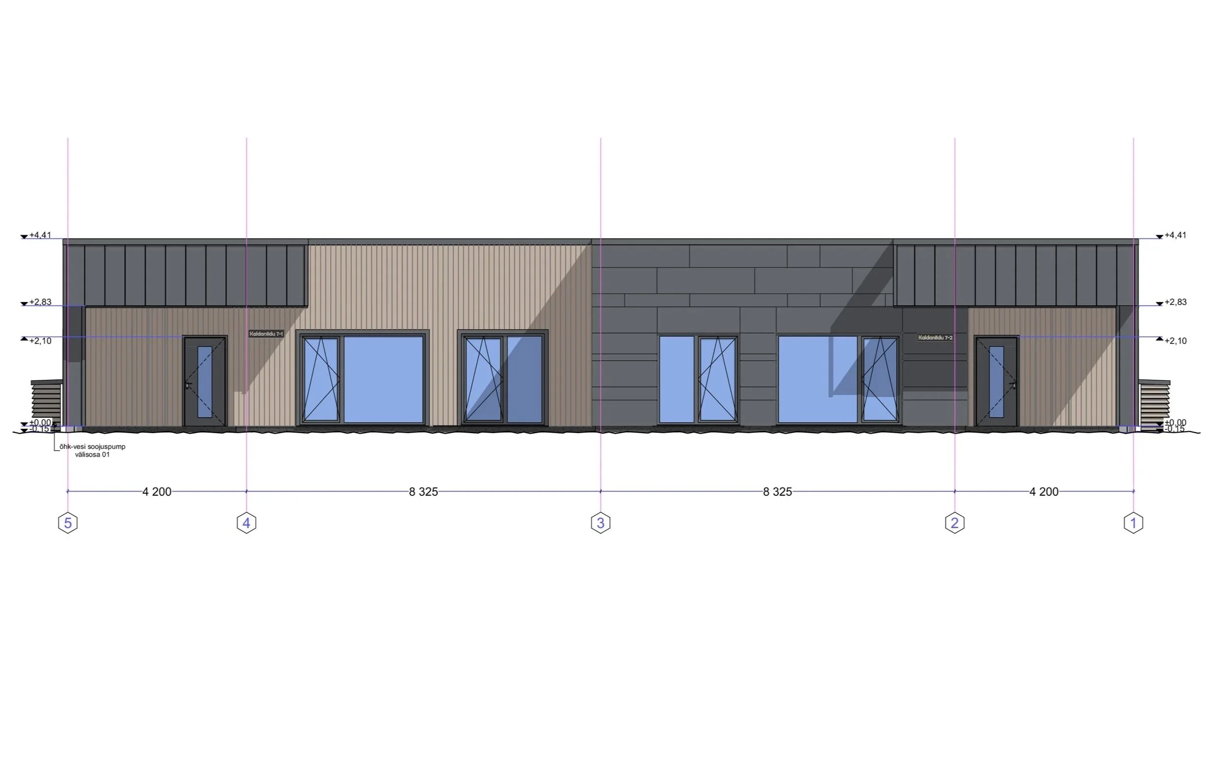Architectural design drawing of a modern building facade with large windows and varied textures.