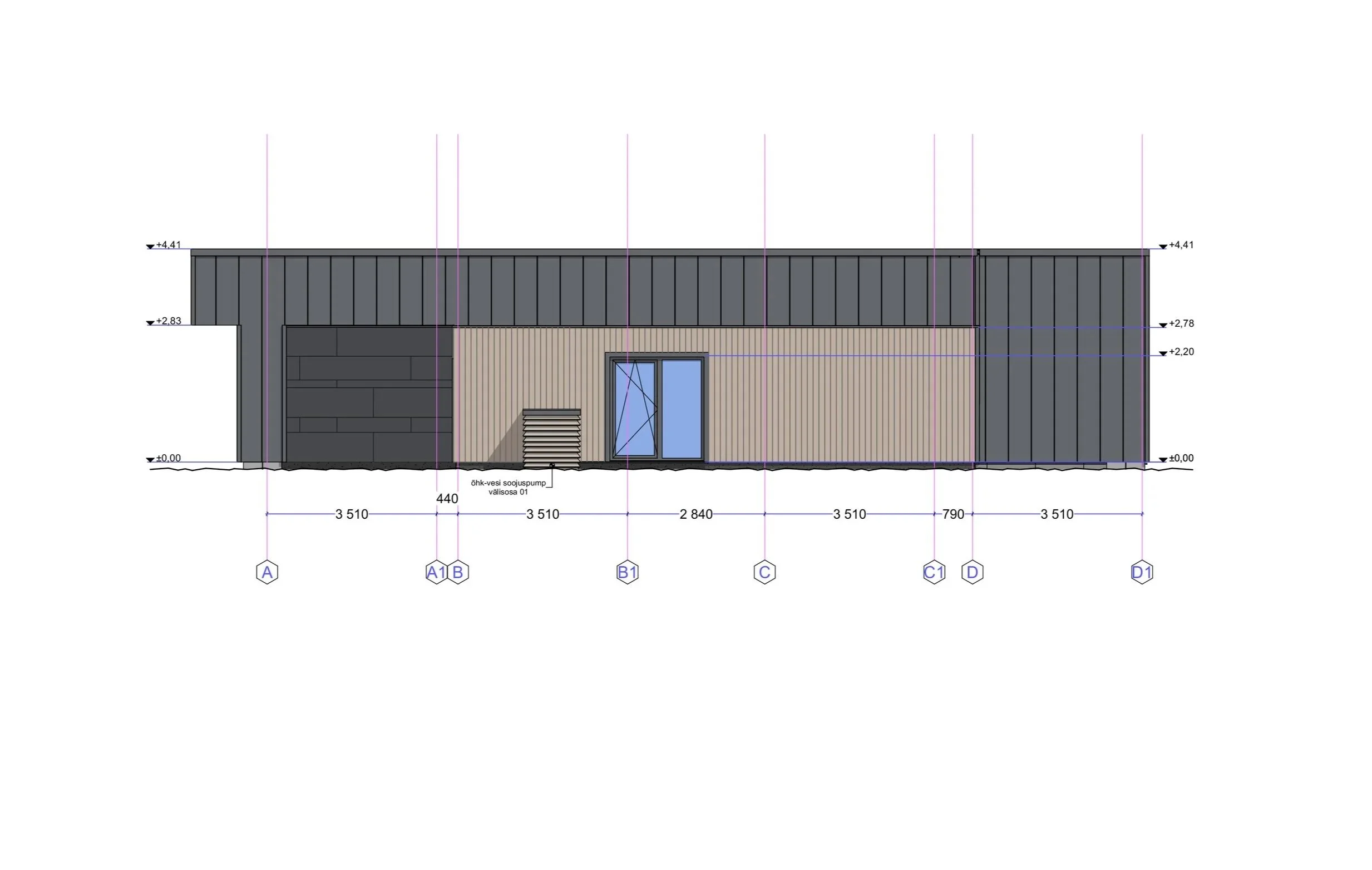 Architectural drawing of a building facade with measurements and labels, featuring a door, window, and exterior cladding.