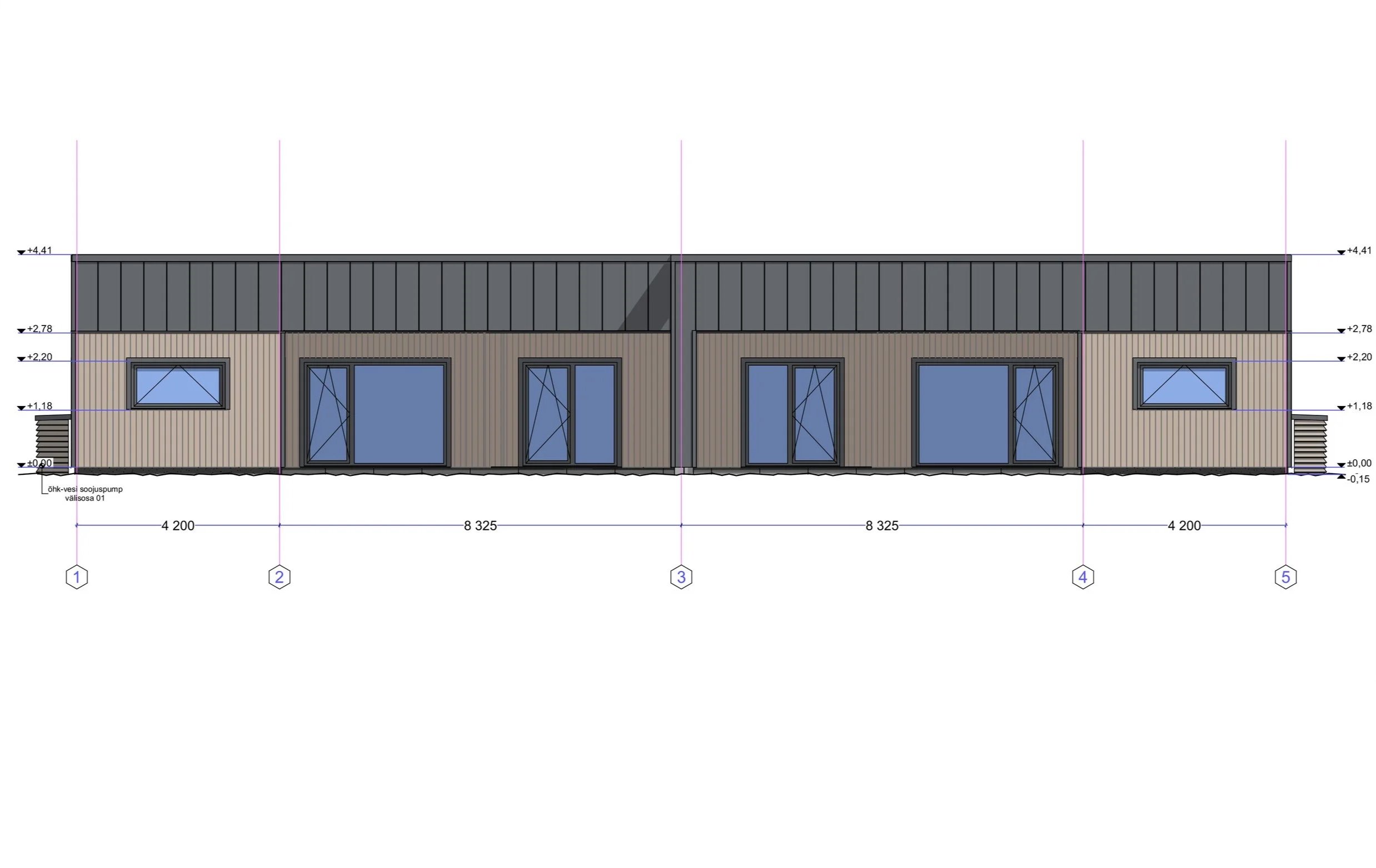 Architectural blueprint of a building front elevation with windows, doors, and dimensions marked.