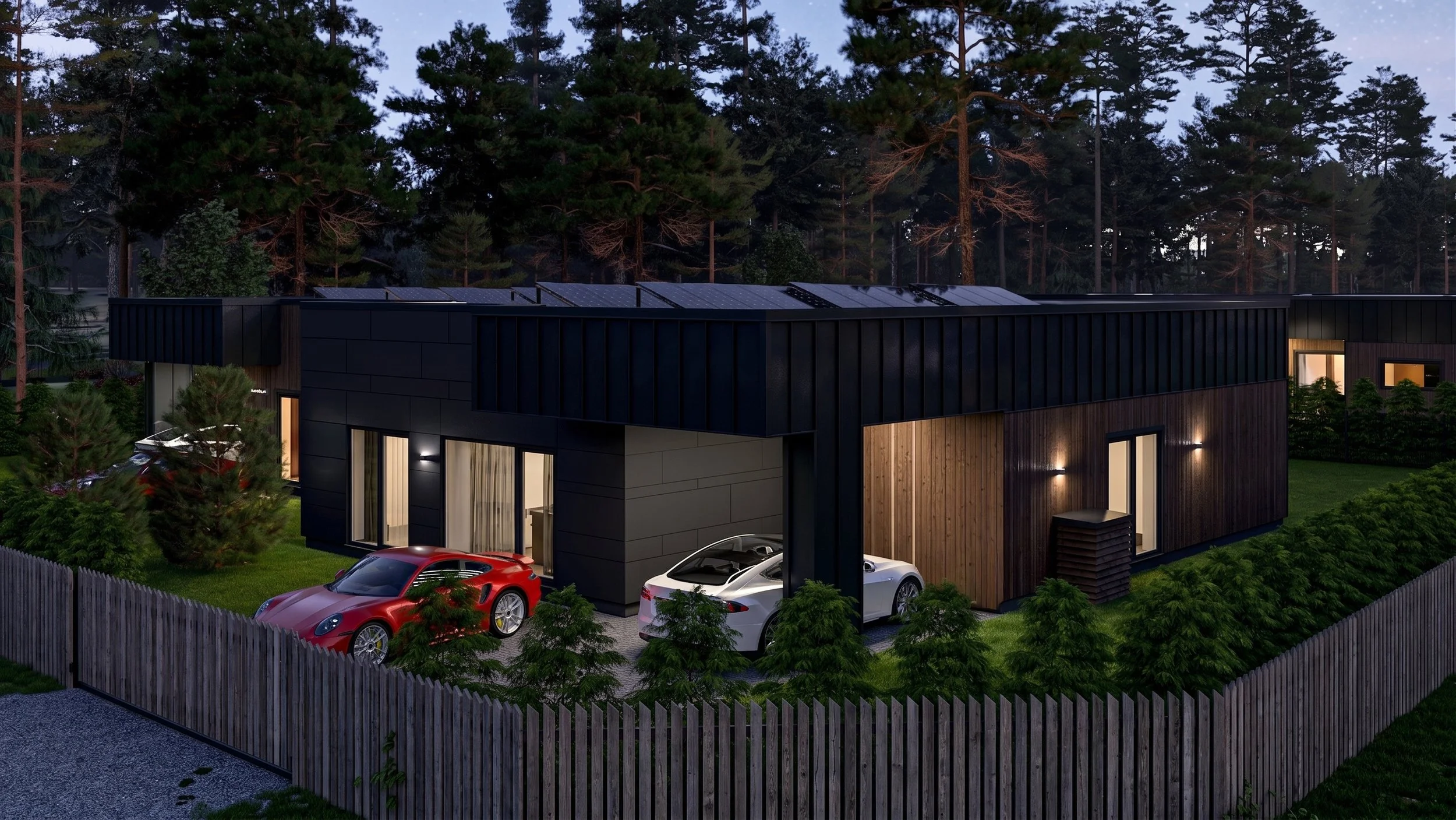 Modern black and wooden house surrounded by trees, with a parking lot and three parked cars in front, fenced at night.
