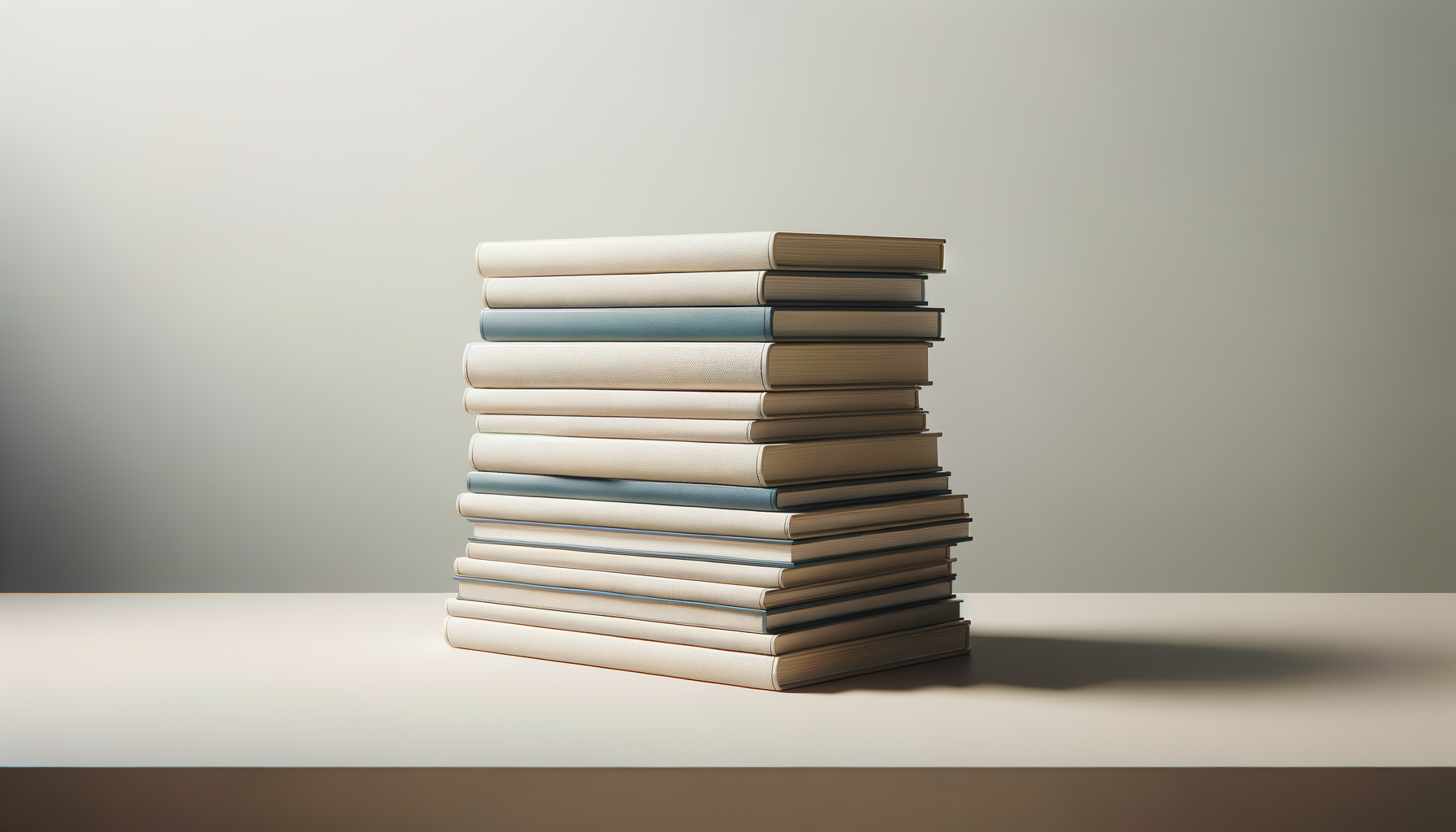 A stack of hardcover books with neutral-colored covers on a white surface against a plain gray background.
