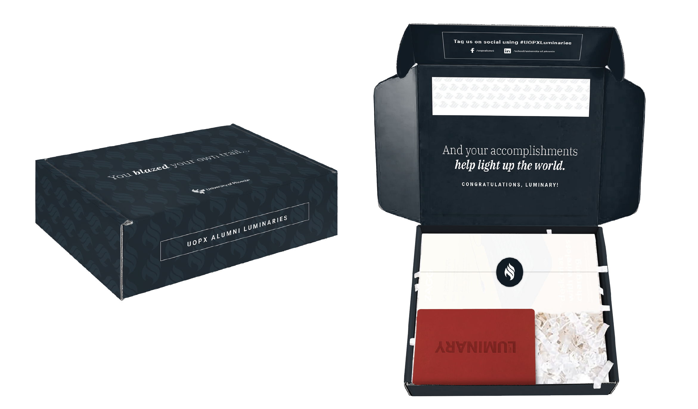 Open box of alumni luminaries with a card that says 'and your accomplishments help light up the world' and a red card with 'Luminary' on it inside a shredded paper filling. Box exterior has logo and text 'You blazed your own trail...' and 'UOPX Alumni Luminaries'.