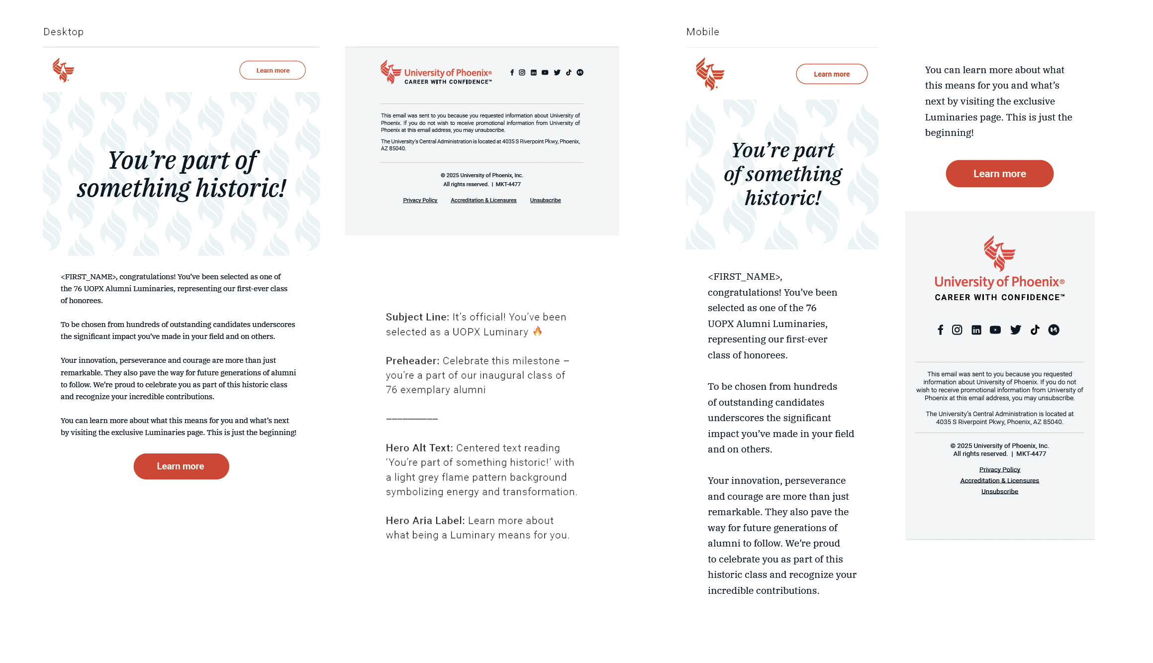 Screenshots of an email from the University of Phoenix, with congratulatory messages to alumni, featuring the university logo, social media icons, and a red 'Learn more' button.