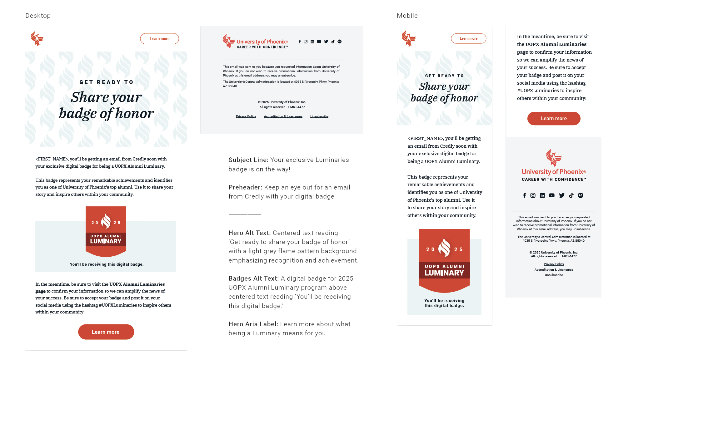 An email newsletter from the University of Phoenix promoting sharing digital badges of honor from the UOPX Alumni Luminary program, featuring a red badge icon with the year 2025 and a 'Learn more' button.