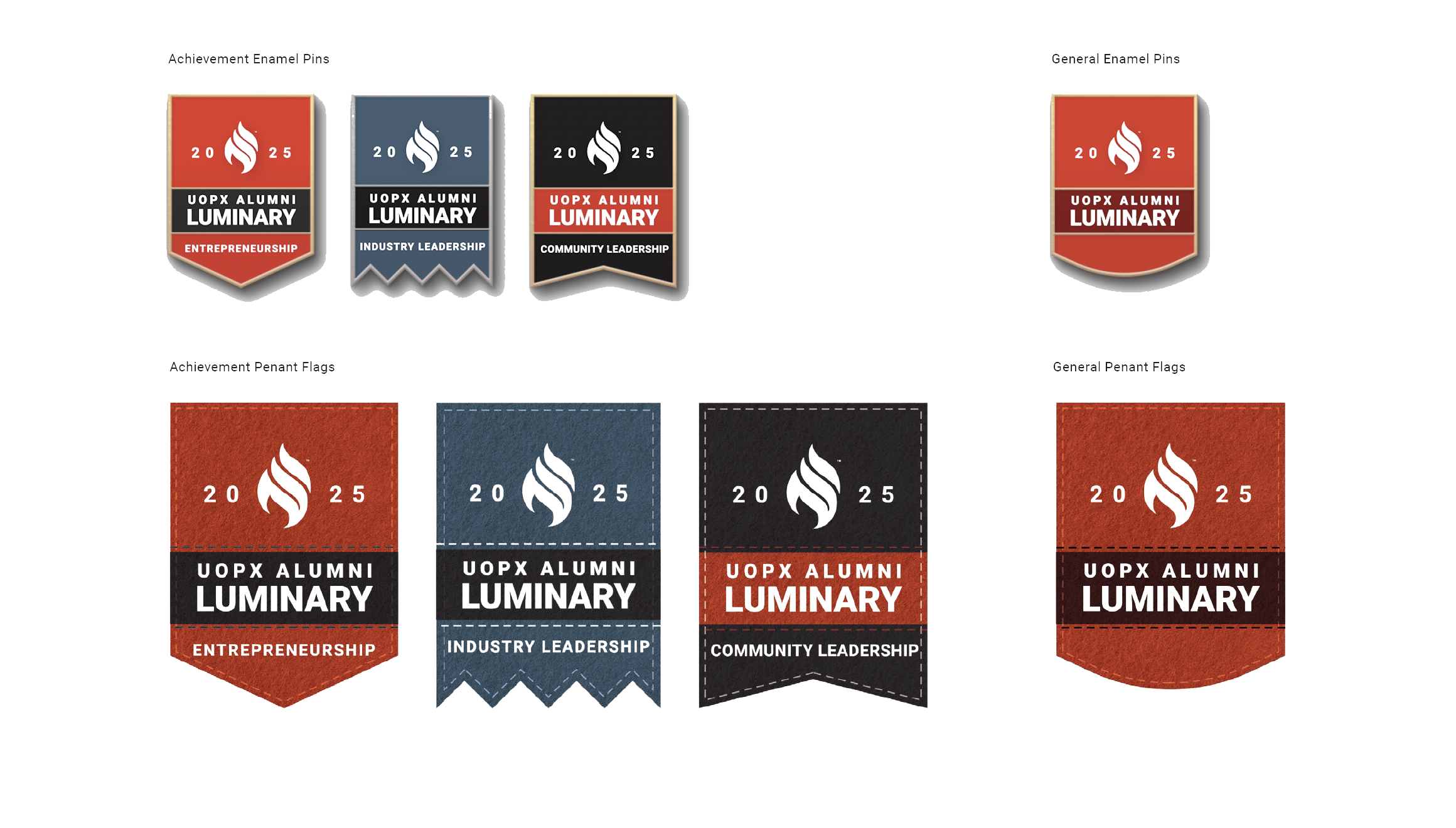 Collection of UOPX Alumni Luminary banners and badges from 2025, highlighting themes of entrepreneurship, industry leadership, and community leadership.