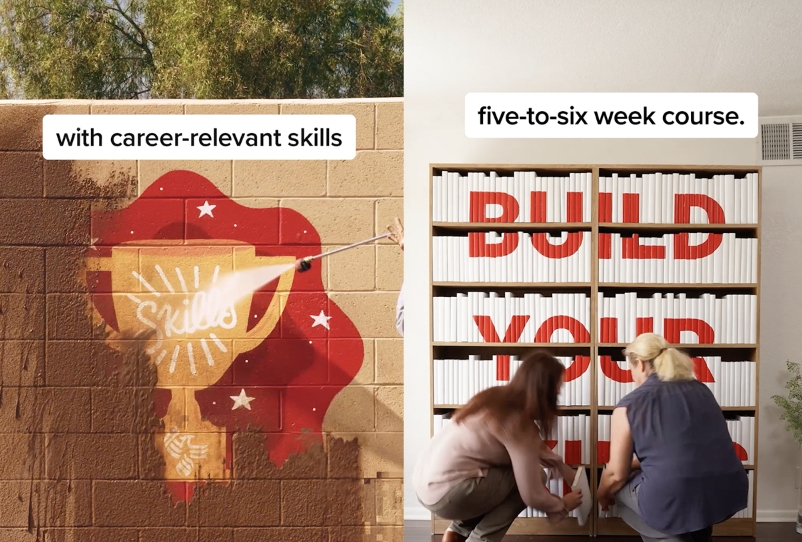 Two women are working together to build a bookshelf with the words 'BUILD YOUR SKILLS' in red letters and a mural of a trophy that reads 'skills' being powerwashed off a wall.