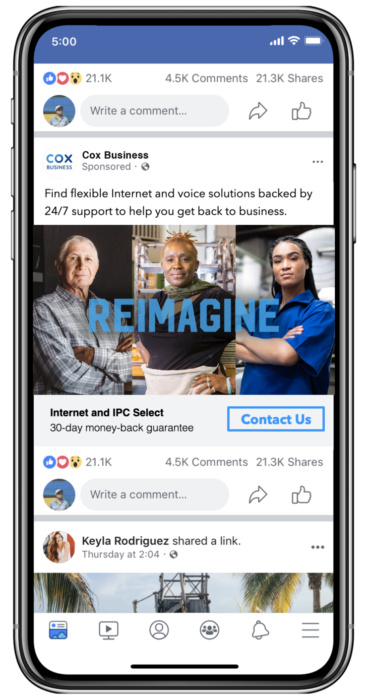 Facebook feed on a smartphone screen displaying an advertisement for Cox Business with images of diverse people and the word 'REIMAGINE' in large blue text.