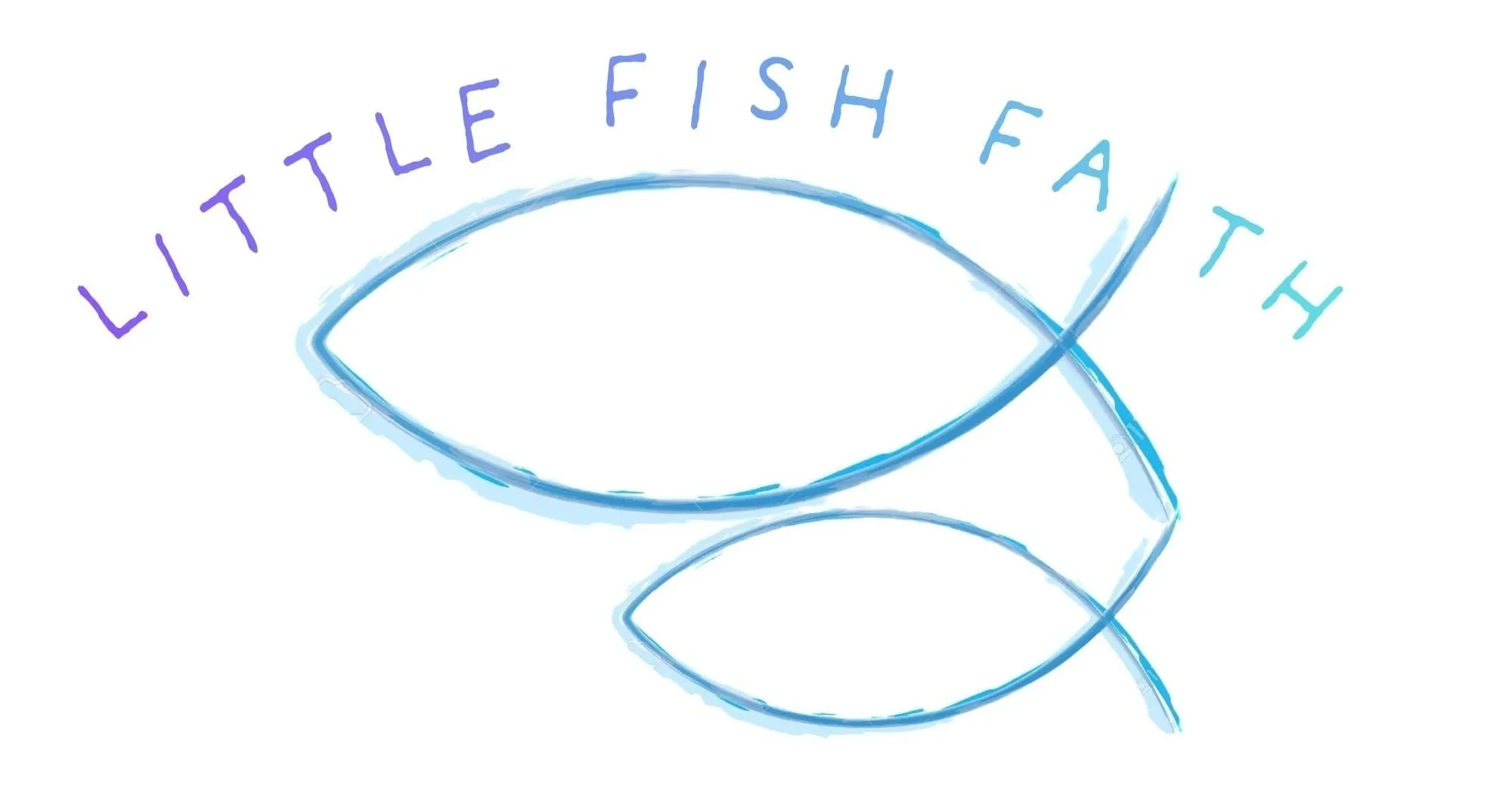 A blue fish symbol with the phrase 'Little Fish Fish Fish' arched above it in purple and blue letters.