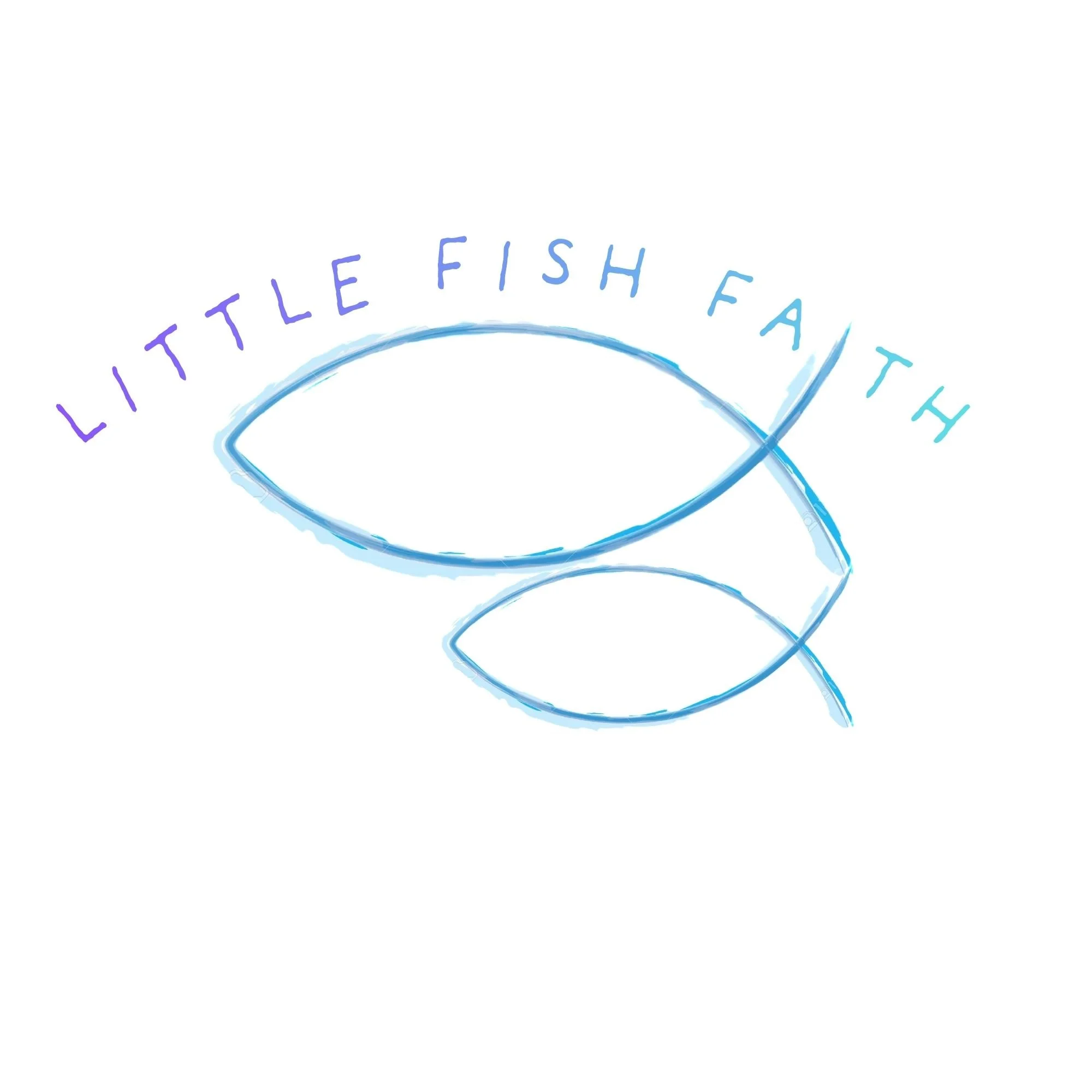 Colorful fish-shaped design with text around it that reads 'Little Fish Food'.