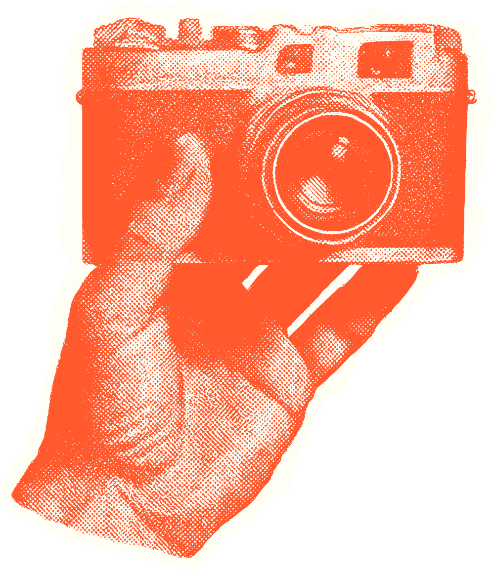Sketch-style, halftone illustration of orange hand holding a vintage camera.