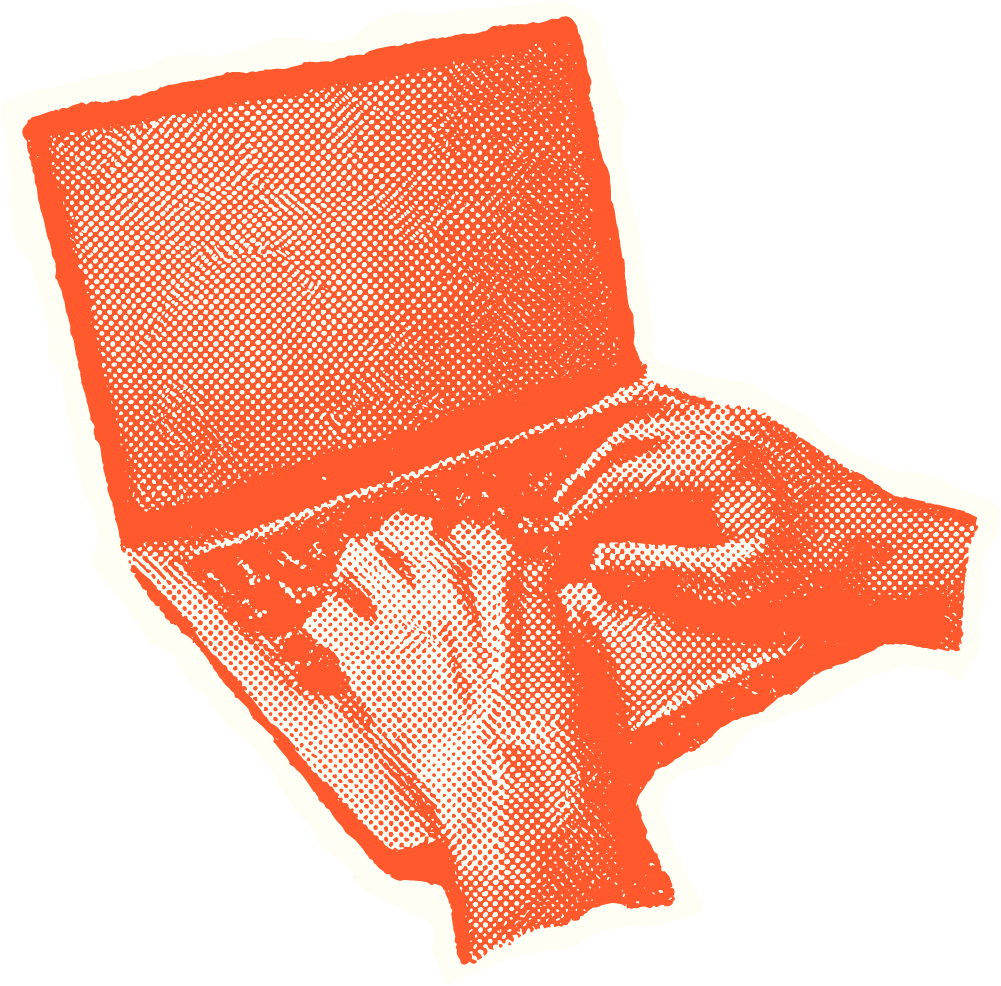 Sketch-style, halftone illustration of orange computer with typing hands.