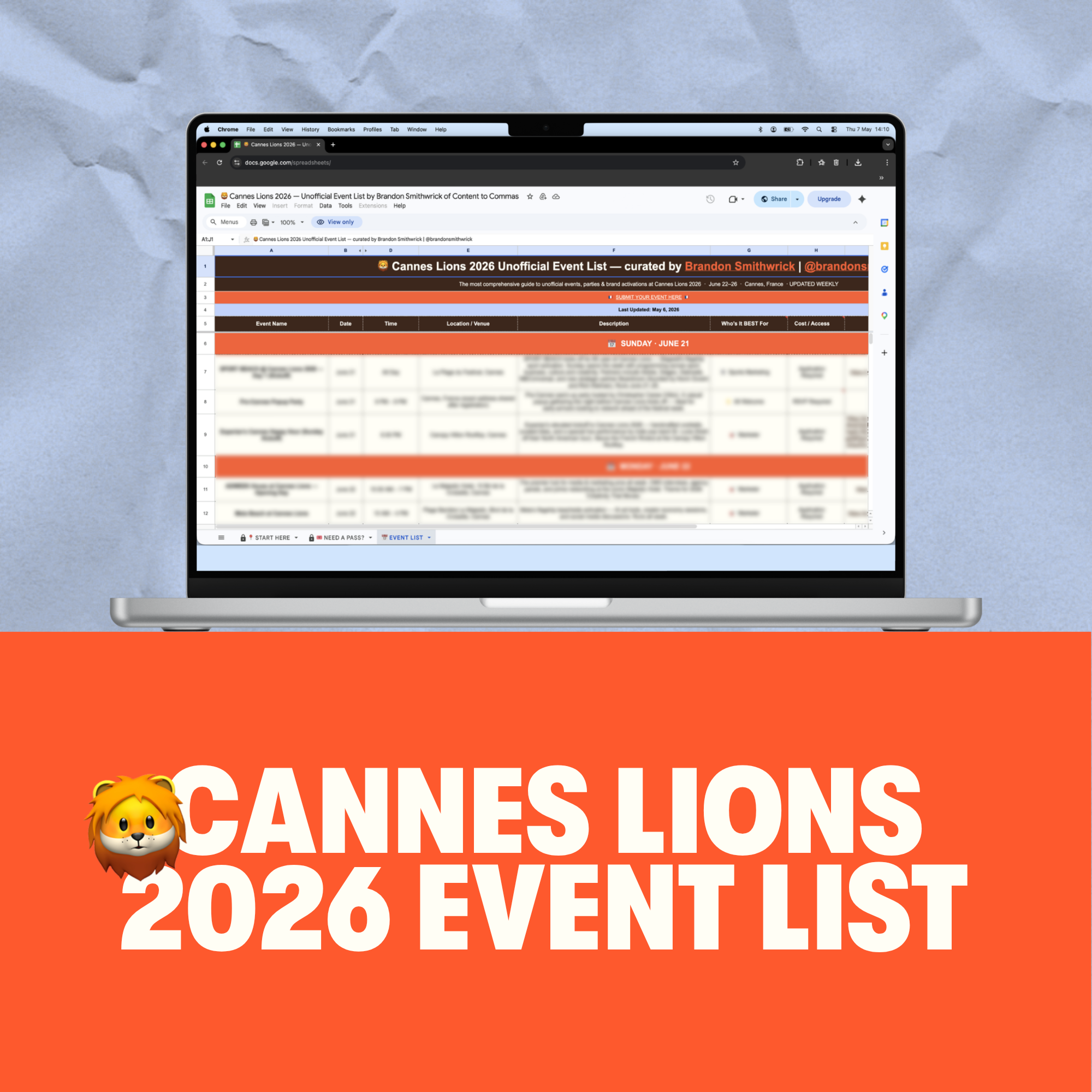 A laptop displaying a spreadsheet titled 'Cannes Lions 2026 Unofficial Event List'.