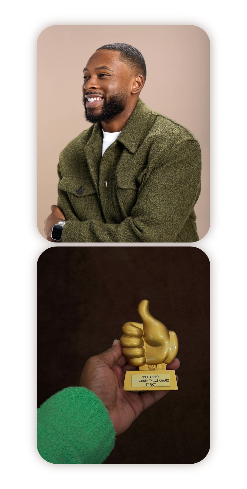 Brandon Smithwrick smiling, wearing a green jacket, standing with arms crossed in front of a beige background. A hand in a green sleeve holds a golden thumbs-up award labeled 'Inbox Hero', The Golden Thumb Awards by Plot.
