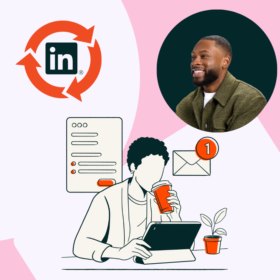 A digital illustration showing a person using a tablet, surrounded by icons for email, notifications, and LinkedIn.