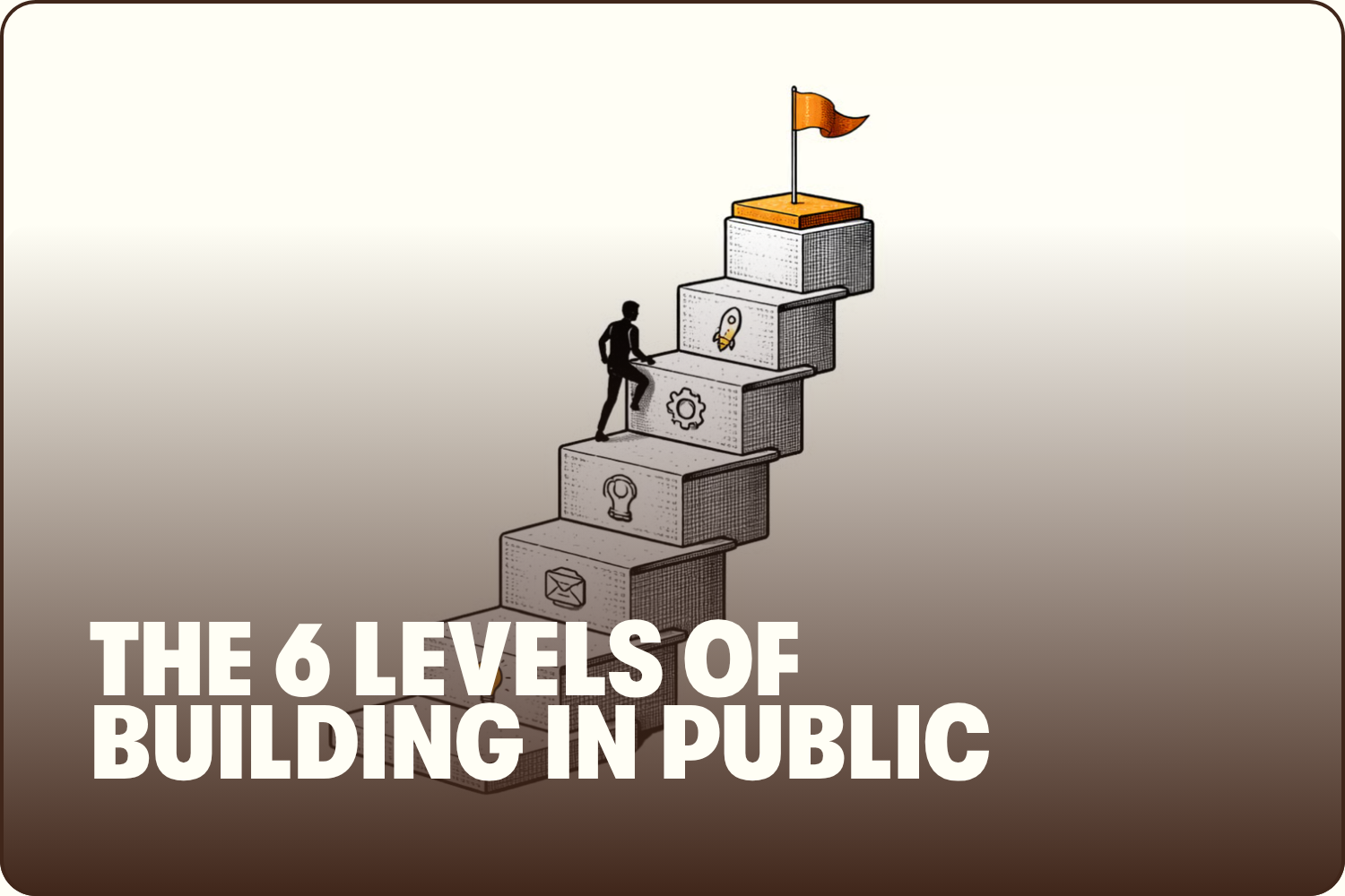 Illustration of a person climbing a staircase made of six blocks, each with icons representing different levels of building in public: envelope, gear, headset, lightbulb, rocket, and flag at the top. The image is titled "The 6 Levels of Building in P