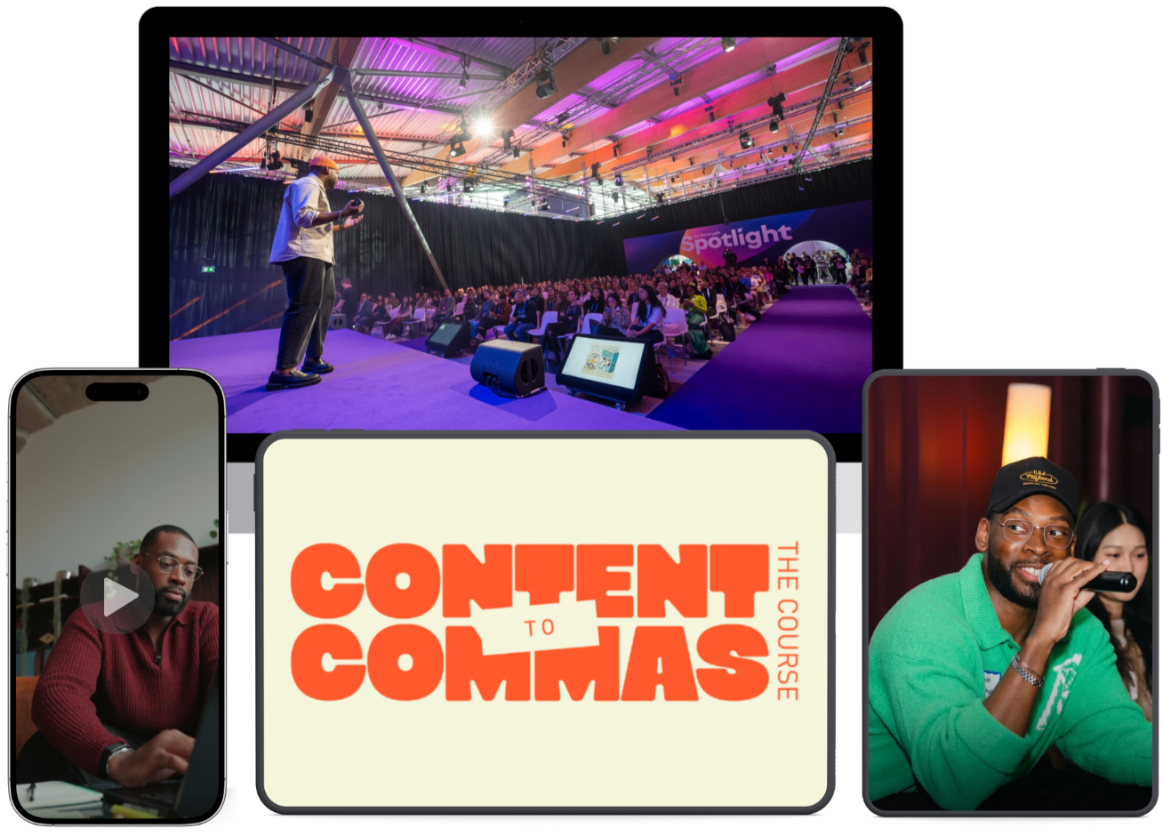 Large conference or event with a stage and seated audience. There are two smaller screens, both showing Brandon Smithwrick, and a central graphic reading 'Content to Commas: The Course'.
