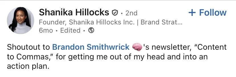 Screenshot of Shanika Hillocks' LinkedIn post with her profile picture and writing about a shoutout to Brandon Smithwick's newsletter.