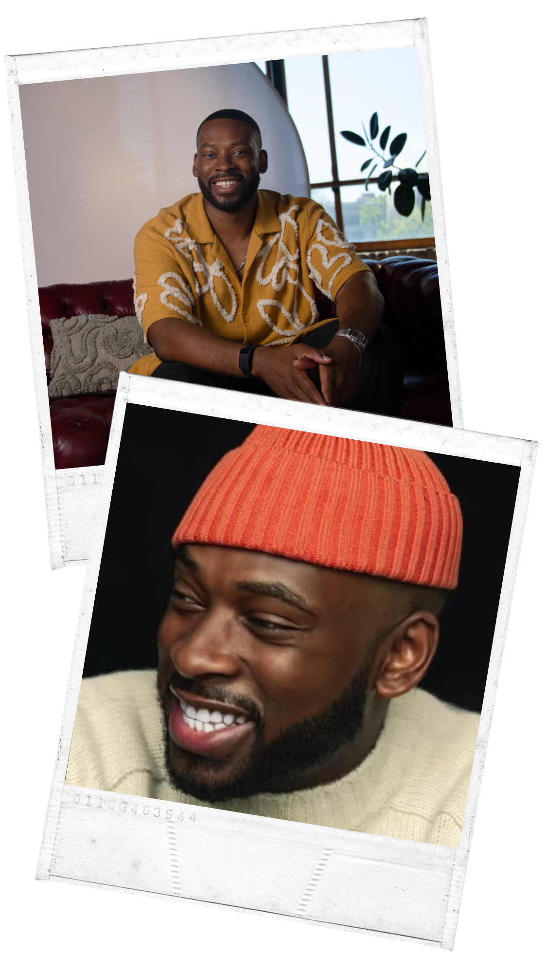Brandon Smithwrick sitting on a leather sofa indoors with a window and plant in the background, and wearing a red beanie and beige sweater against a dark background.