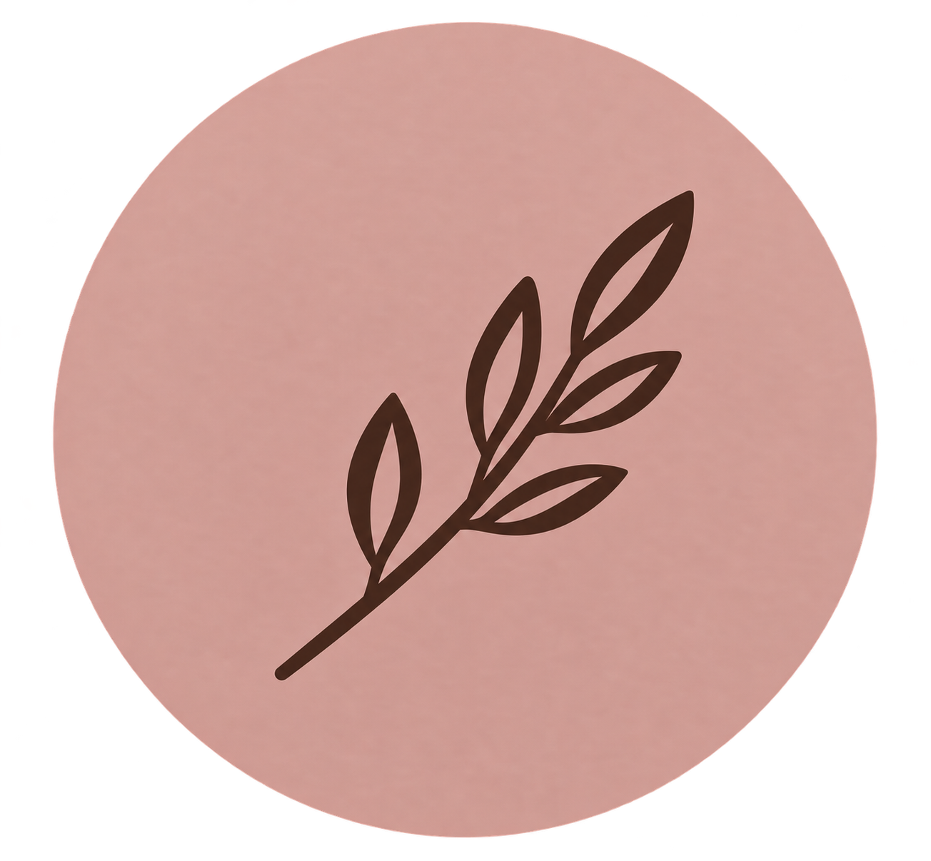 A pink circular background with a black line drawing of a branch with five leaves.