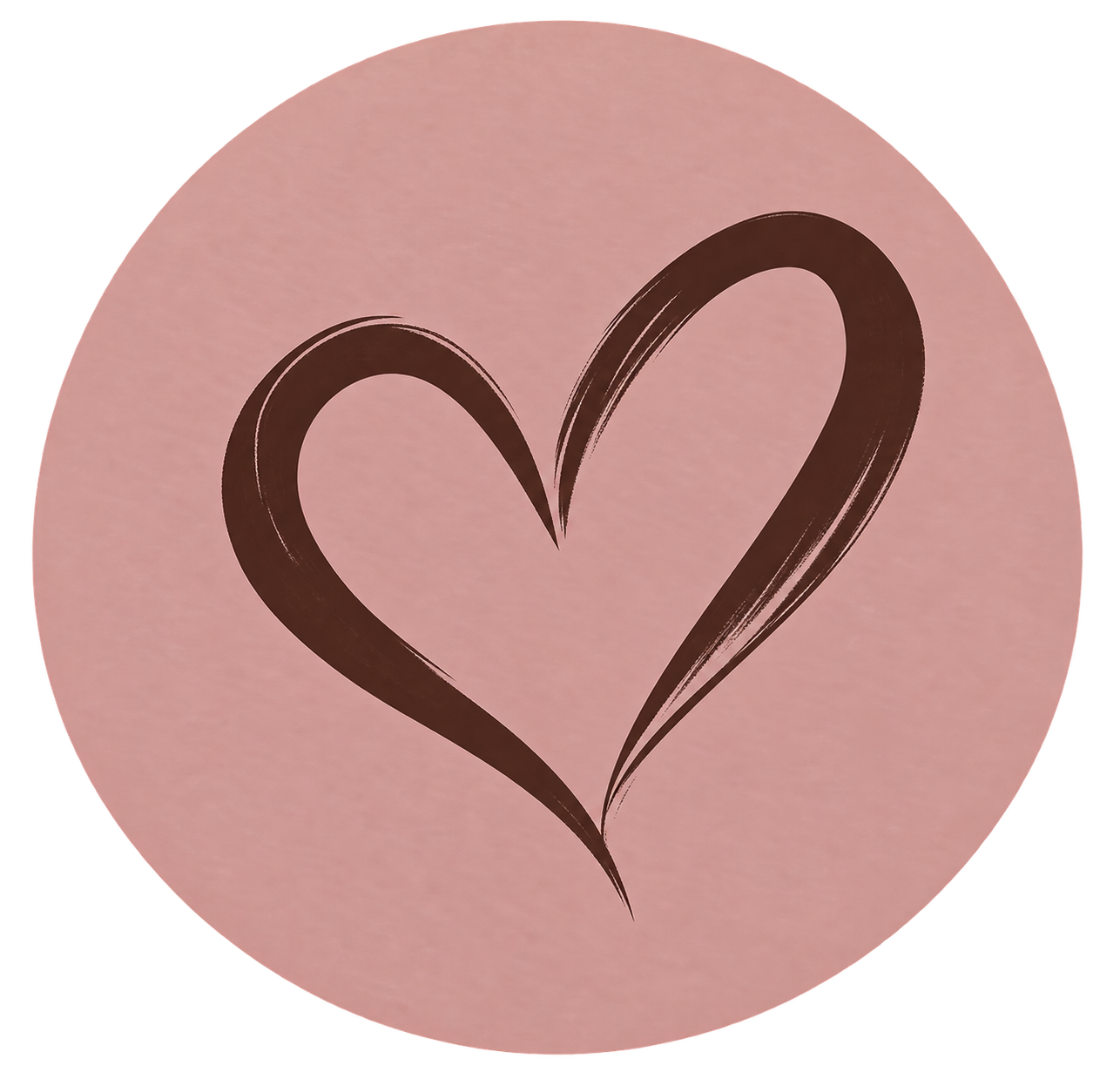 Pink circular background with a black stylized heart design in the center.