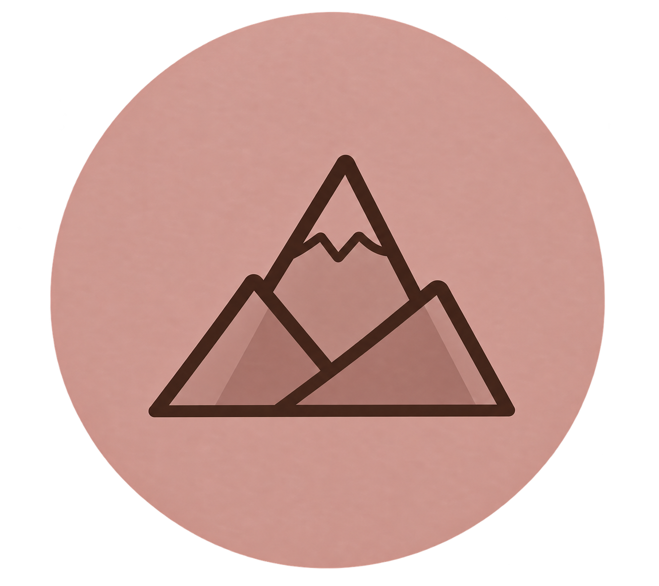 Line drawing of a mountain range with four peaks, inside a pink circle.