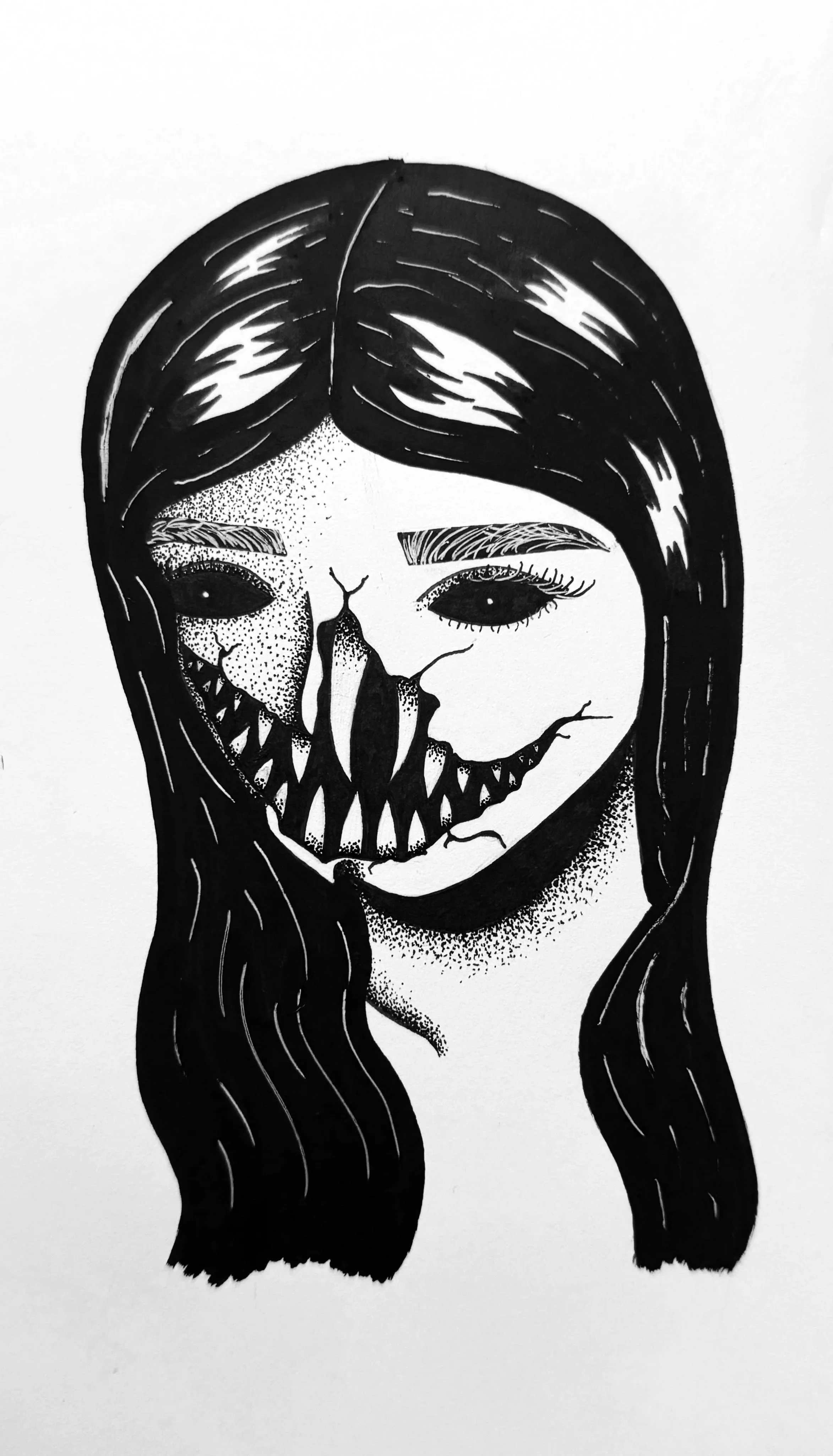 This hand drawn black and white stipple illustration, uses negative space as a contrast to showcase the various dark elements throughout. Inspired by horror & gothic imagery, the teeth, help to highlight the broken texture throughout the face, and ex