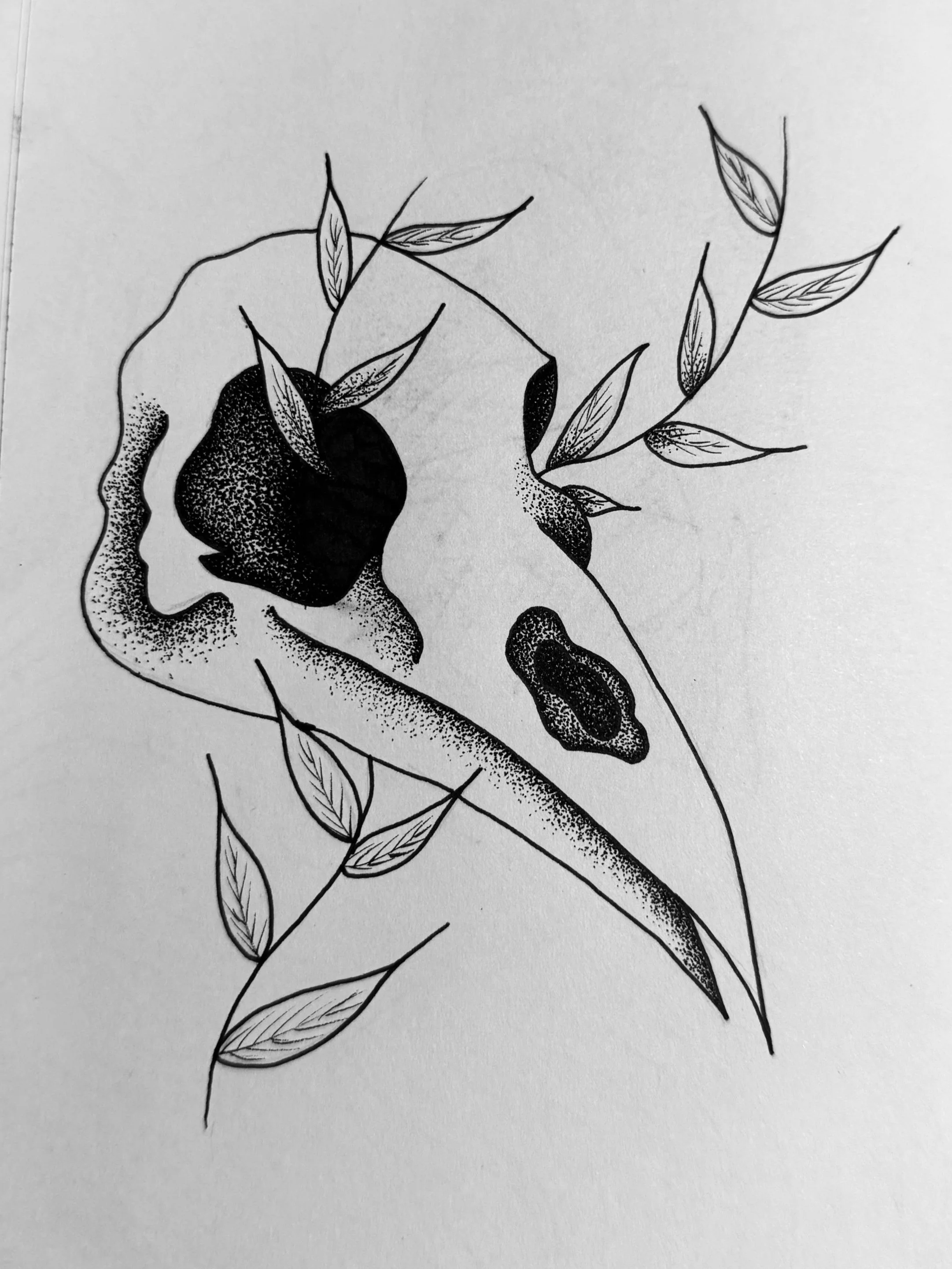 This gothic inspired piece, combines earth elements together in a harmonious way. The bird skull, and the leaves, with contrasting shading techniques create a unique composition throughout. Hand drawn with pens, this piece balances creepy and etherea