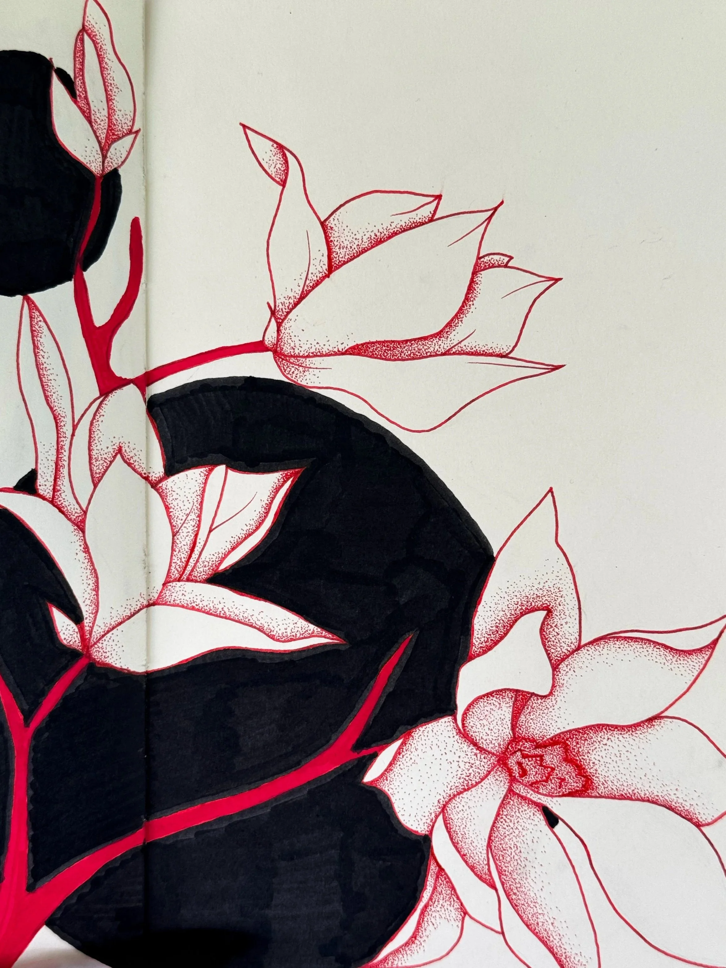 Inspired by traditional Japanese imagery, and ink techniques, this piece combines medium and dark values, and balances the two, using acrylic markers and red pens.  The stark black background combined with the flow of the flowers, creates a unique ha