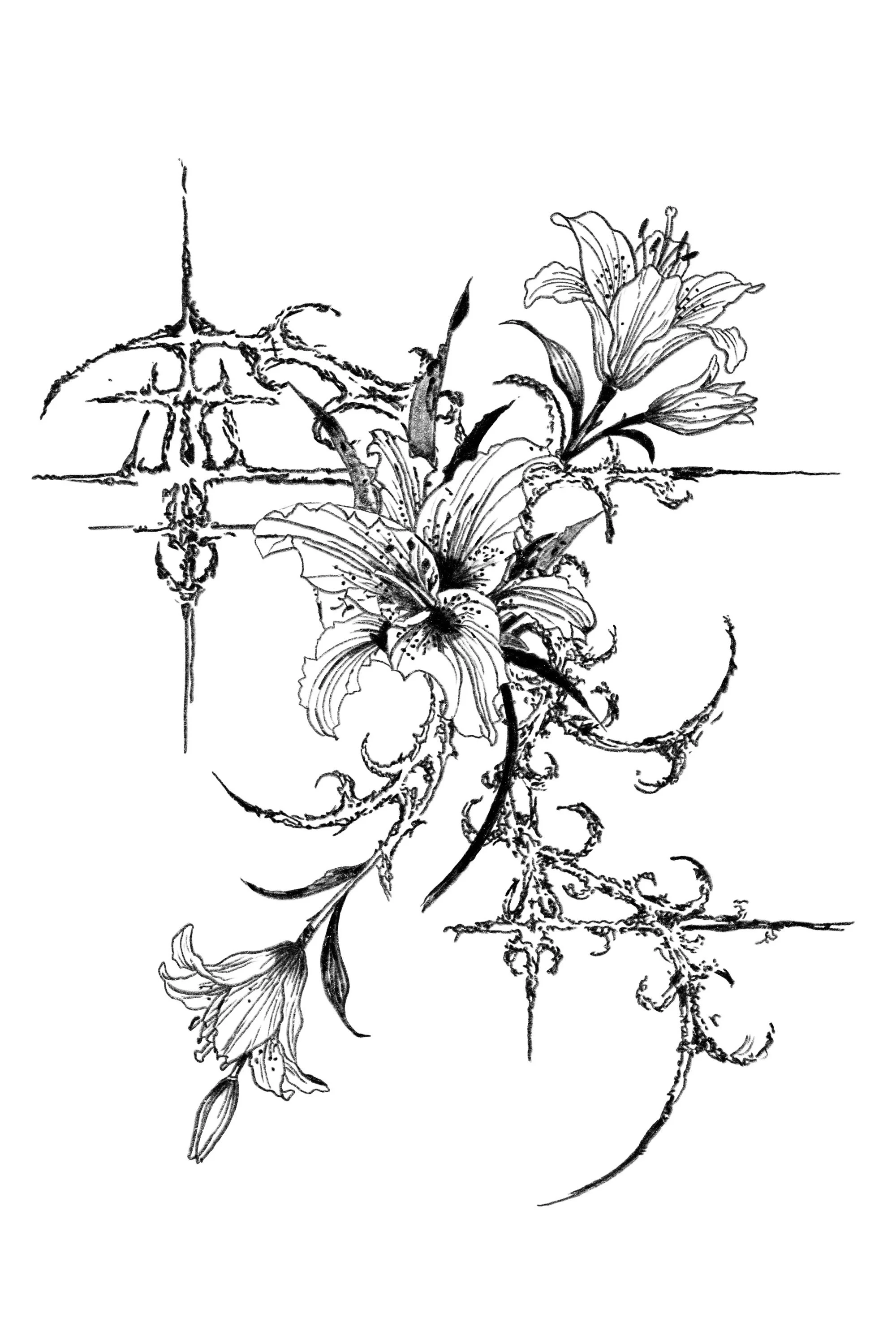 This black-and-white floral illustration combines organic linework with cybersigilism to create a balance between delicacy and distortion. Through intricate textures and flowing composition, the piece explores the juxtaposition between natural beauty