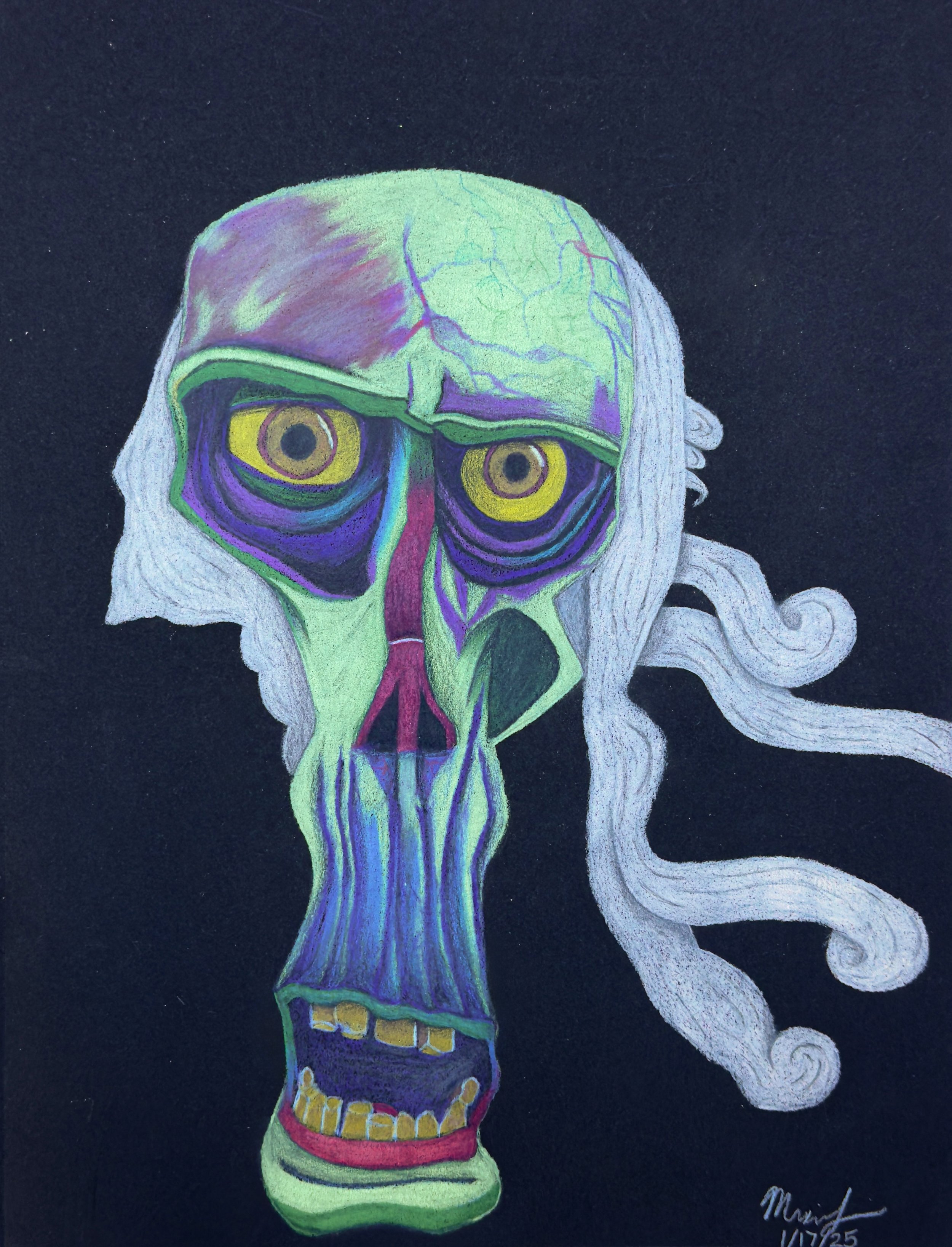 This stylized illustration reimagines a character from Laika’s ParaNorman through exaggerated proportions, & neon color palettes, using color pencils as the medium. Inspired by the film’s eerie yet playful aesthetic, this piece blends the horror them