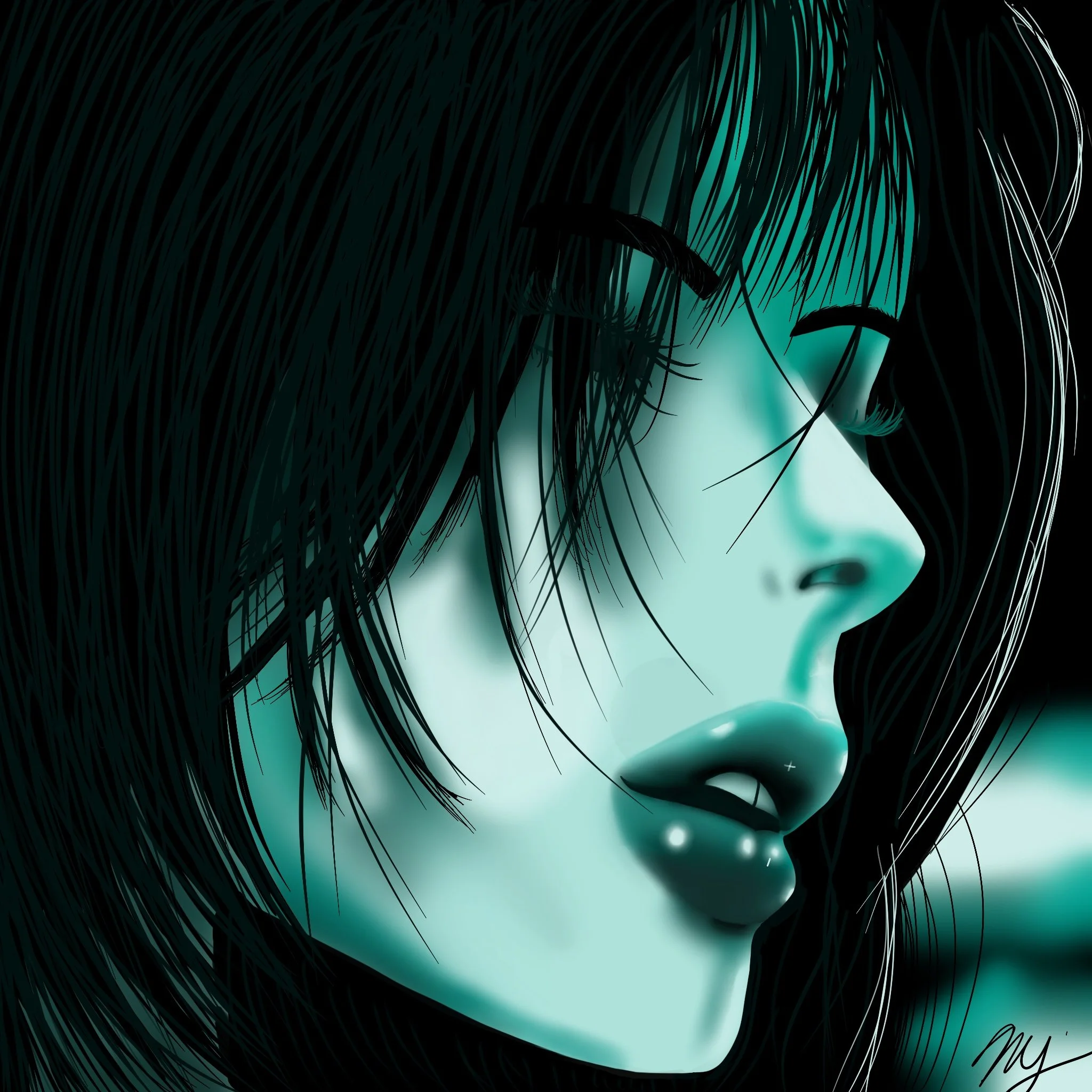 This digital portrait, made in Procreate, uses dramatic lighting, smooth gradients, and neon color tones to create a moody and atmospheric composition. Inspired by cyberpunk aesthetics, this piece focuses on emotion, contrast, and subtle detail to ca