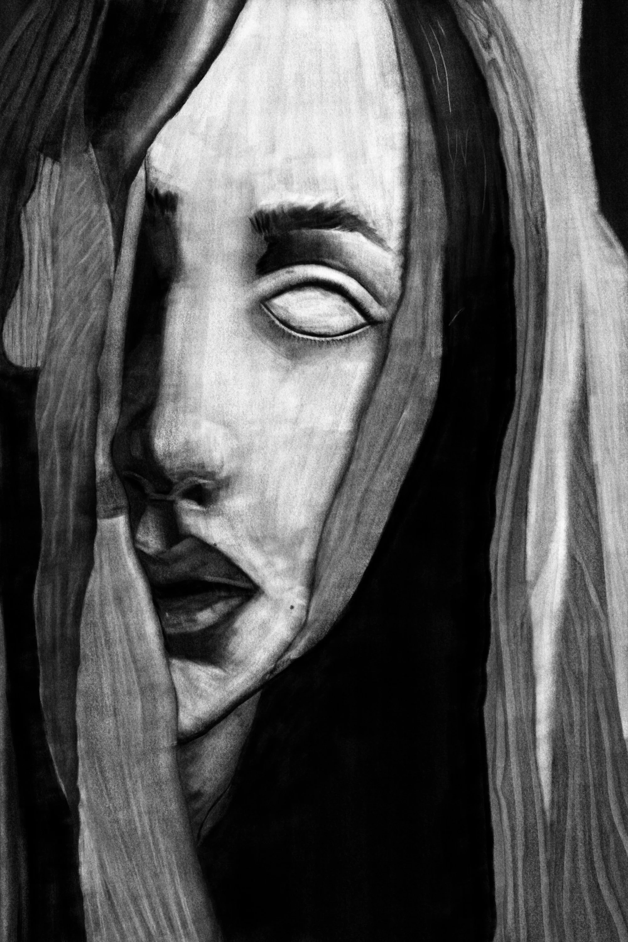 A gothic-inspired portrait that was made in procreate, this dark piece again plays with themes of isolation, and sacrifice. Using the reverse charcoal technique again, along with the charcoal brushes, the texture throughout the piece is highlighted, 