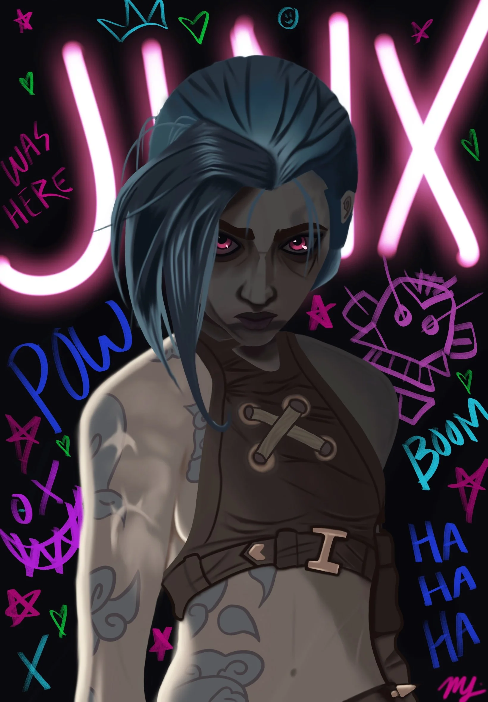 This rendition of Jinx from Netflix's Arcane was inspired by the character's struggles with mental health, and sanity. Made in Procreate with markers & airbrushes, it visually showcases the character's internal struggle with themselves and their figh