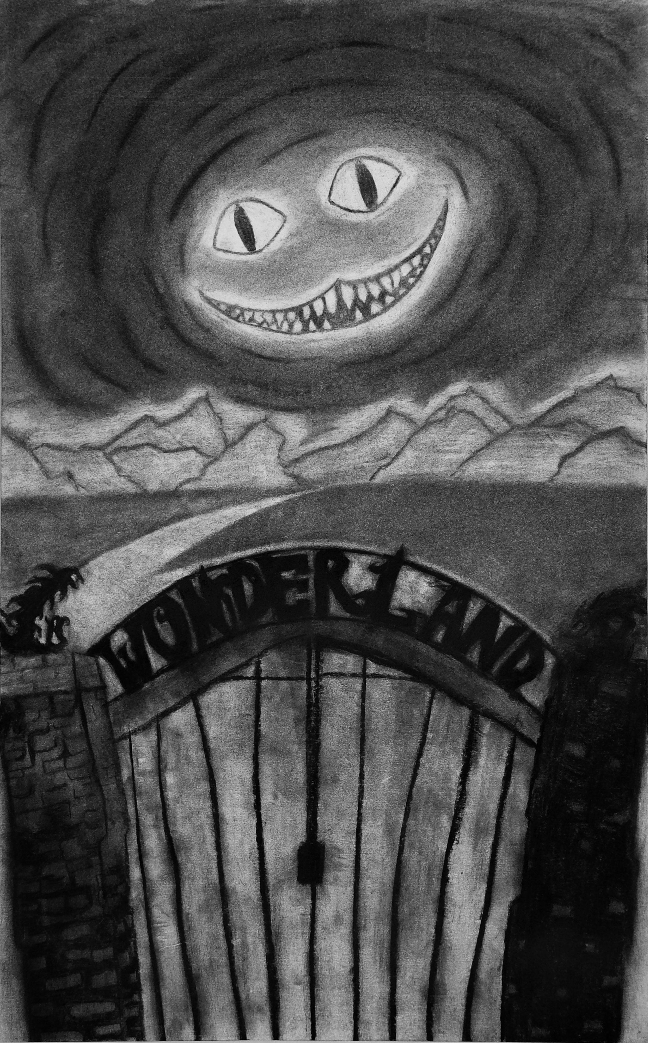 This charcoal drawing was hand drawn as a rendition for Tim Burton's Alice In Wonderland, which explores the darker themes of Alice in Wonderland that aren't as touched upon. This piece explores that darkness visually with the blacked out areas, roug