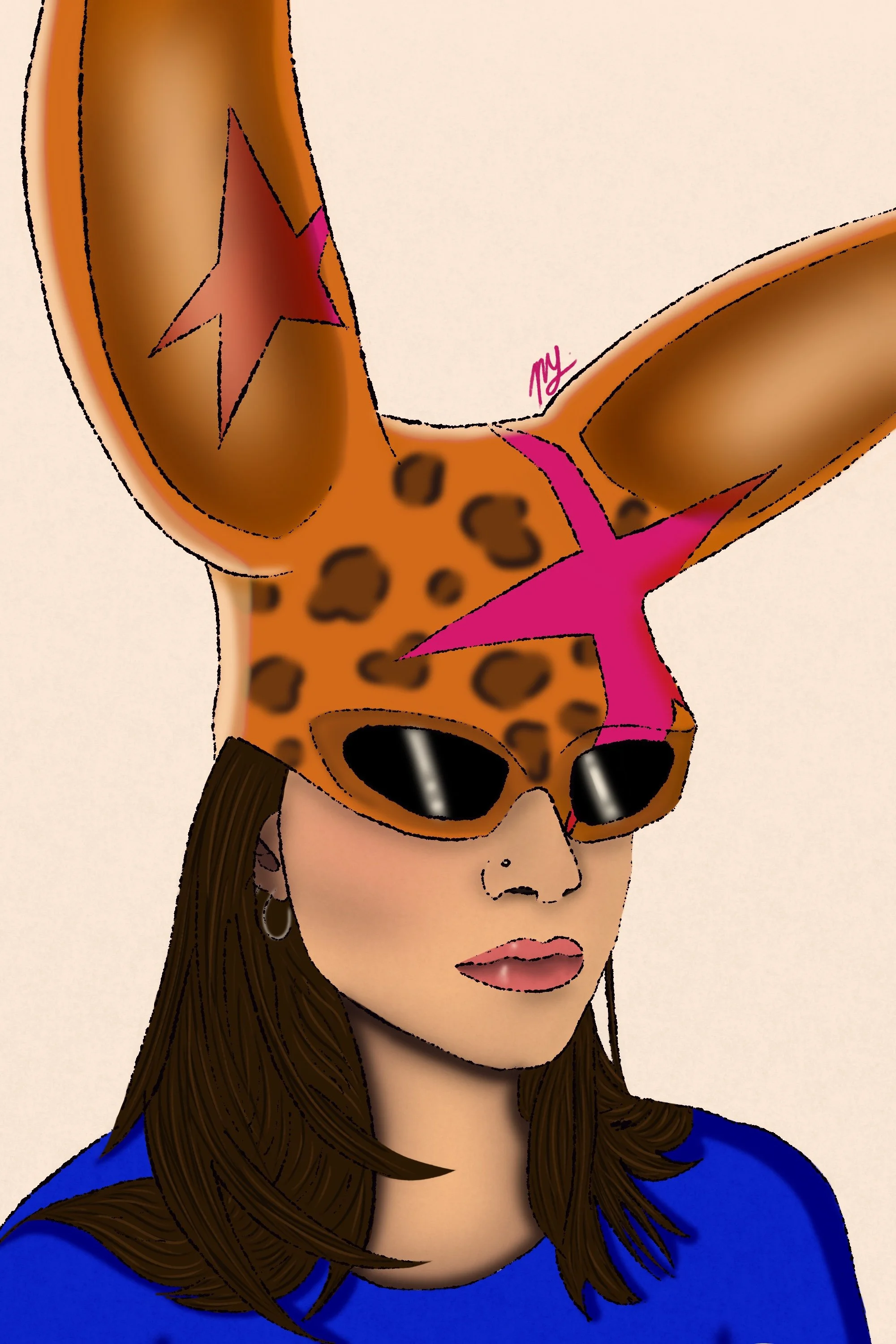 This stylized portrait, made in Procreate, uses bold color, exaggerated fashion elements, and playful proportions creating a vibrant character-focused illustration. Inspired by early 2000s pop-punk & futuristic aesthetics and cartoon design, this pie