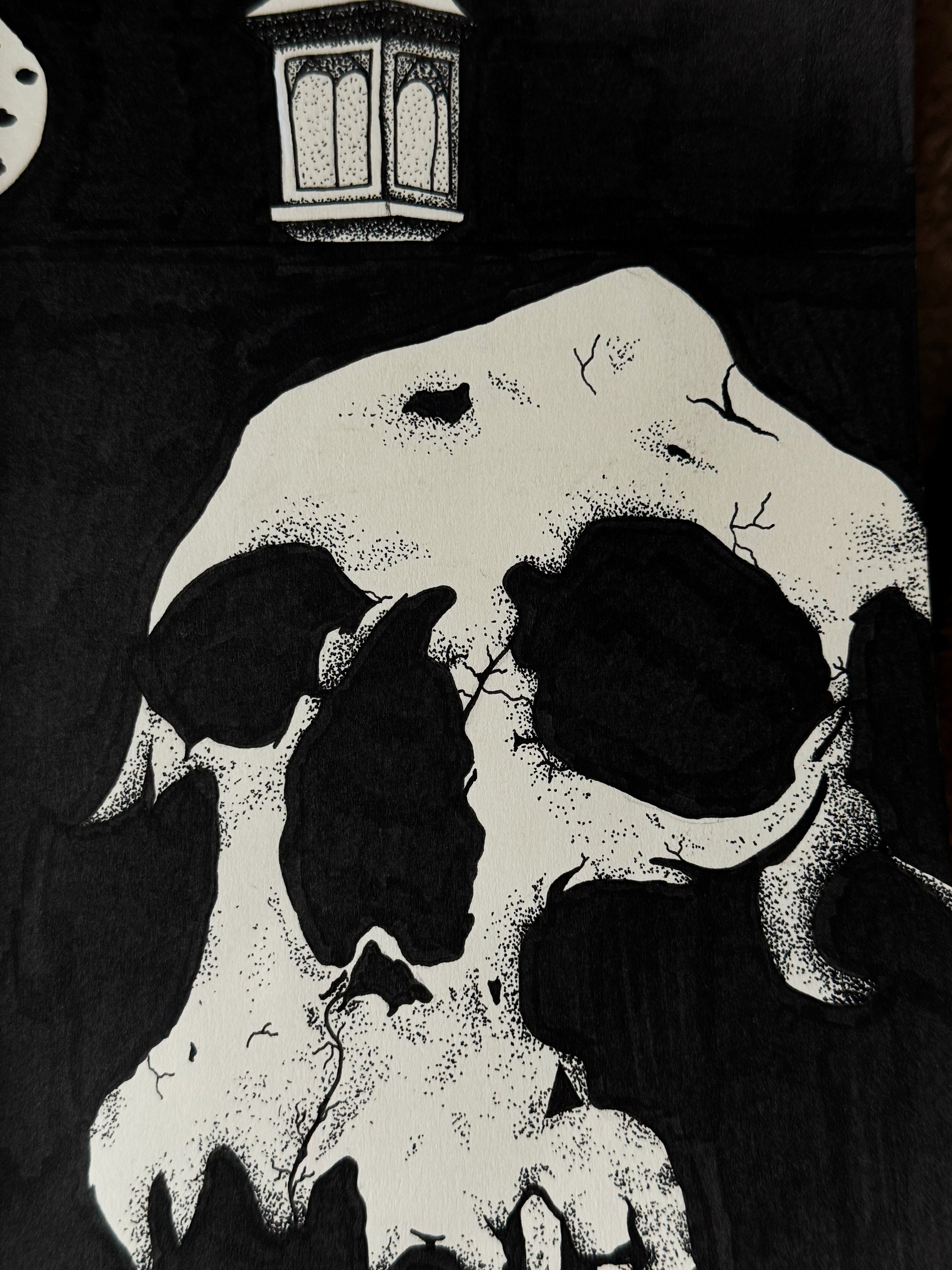 This black and white stipple illustration uses contrast, texture, and negative space to create a dark atmospheric composition. Inspired by horror & gothic imagery as well as traditional ink techniques, this piece focuses on decay, and subtle detail t