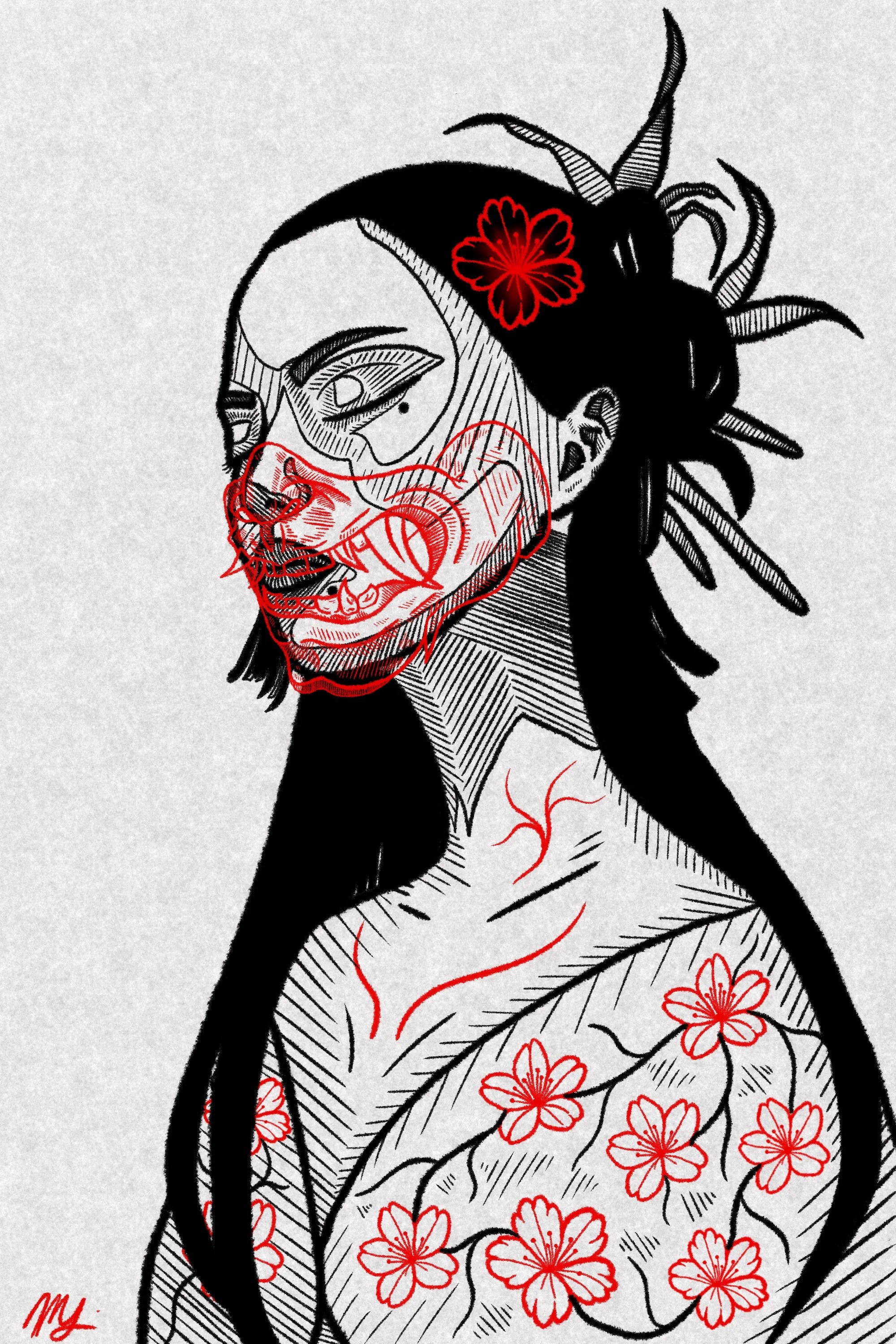 This Japanese-traditional inspired piece was made in Procreate, and combines the traditional pieces of a Yukata and an Oni mask, which are typically worn for summer festivals in Japan. This piece I was inspired to make to go along with my school maga