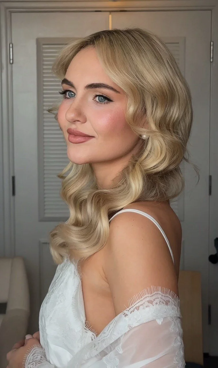 A woman with blonde, wavy hair and blue eyes looking to the side, wearing a white lace off-shoulder top, standing in a room with closed closet doors in the background.