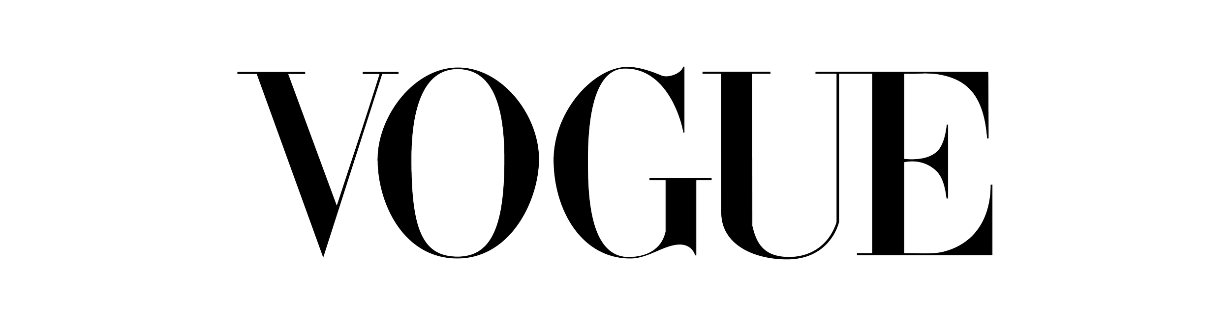 The word 'VOGUE' in large, outlined, capital letters on a black background.