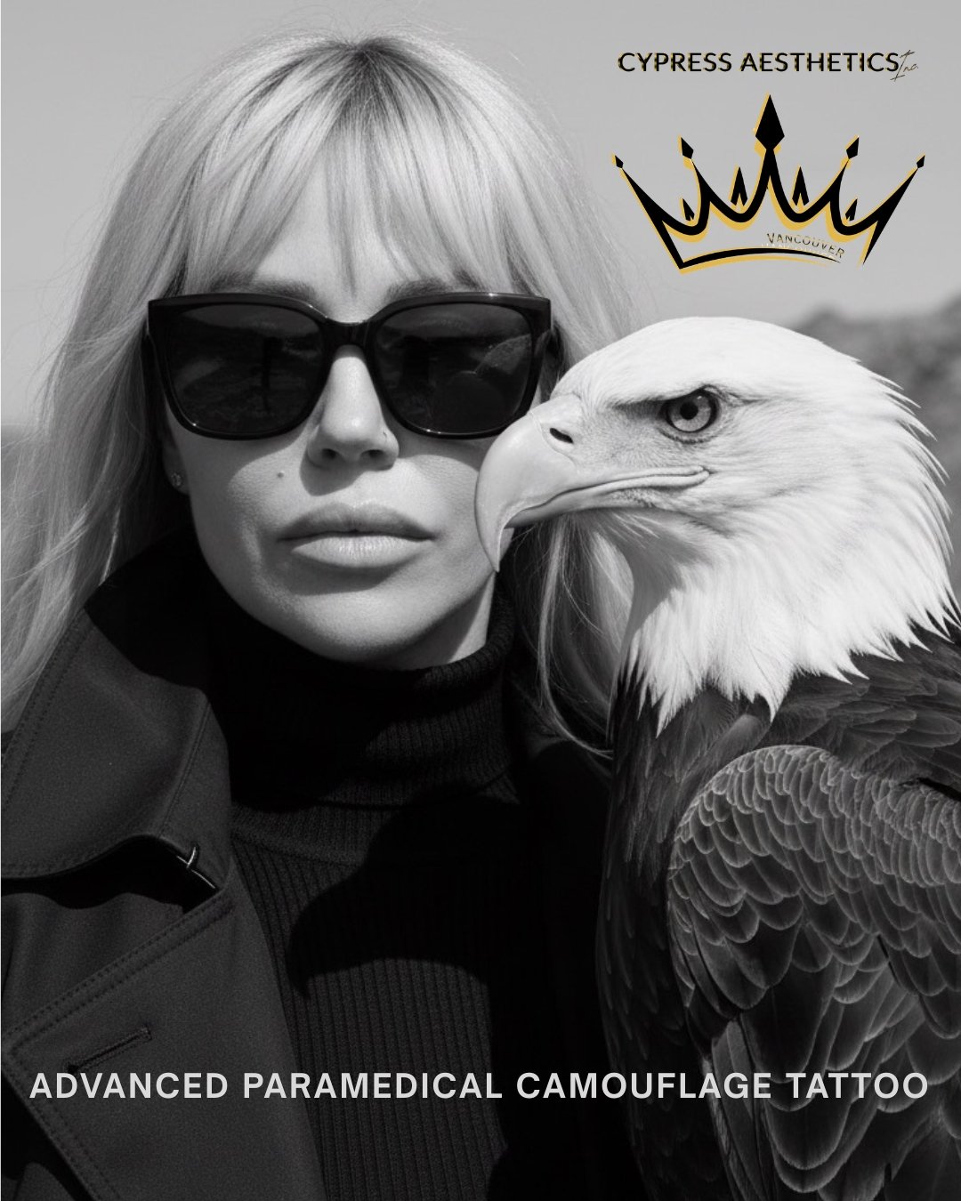 Black and white photo of a woman with long blonde hair wearing large sunglasses and a black top, posing with a bald eagle. The eagle is close to her face, showing its detailed feathers and sharp beak. Text on the image reads 'CYPRSS AESTHETICS vancouver' and 'ADVANCED PARAMEDICAL CAMOUFLAGE TATTOO'.