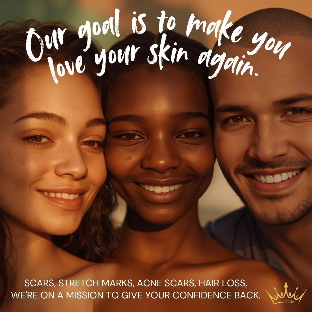 A diverse group of three smiling young adults with clear skin, close together, promoting skin confidence and self-love.